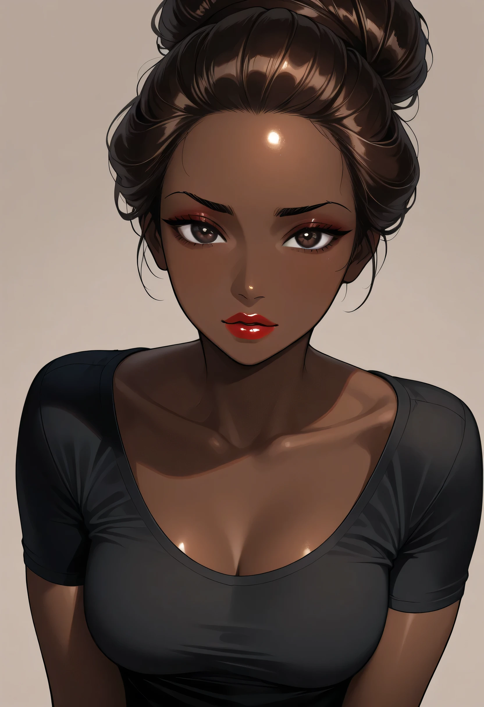 simple background, perfect face, bun hair, hair up, brown hair, (forehead), black thin eyebrows, glowing brown eyes, thick red lips, beautiful woman, , ((female african, colored skin, brown skin)), (scoop neck t-shirt, black t-shirt), looking at viewer, pov