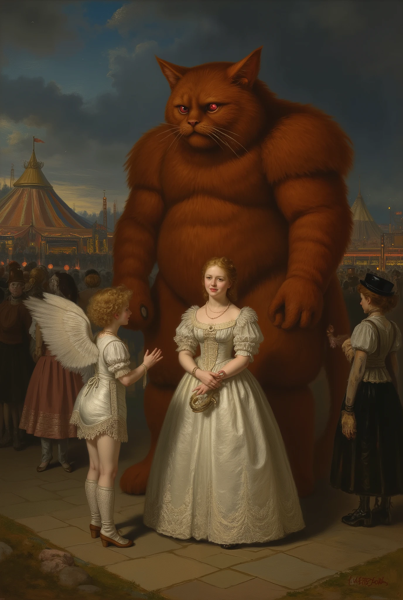 A bizarre soft digital painting, an oil painting depicting a small friendly young teenage angel of the Victorian era with a soft golden tuck, large outstretched wings of feathers, translucent white skin, charming blue eyes, a slender miniature body with a wasp waist, dressed in an ornate ivory corset. in a magnificent dress of lace and brocade, she stands, smiling serenely and gesturing warmly towards a towering monster-a huge red cat. The cat monster looms in a clumsy silhouette with glowing red eyes that flicker like coals. Despite his intimidating appearance, he listens calmly, slightly tilting his head as a sign of curiosity. They talk at dusk in a fantastic Victorian fairground, where gas lanterns flicker, casting warm reflections on the paved paths, caramel-striped tents, brass vending machines and bizarre steam-powered rides.A crowd of curious onlookers - Victorian children, clockwork animals and masked performers - are watching the unusual couple in amazement. The atmosphere is surreal, gentle and cinematic, combining Gothic elegance with whimsical fantasy. Focus on the angel. Workshop painting, oil on canvas, 