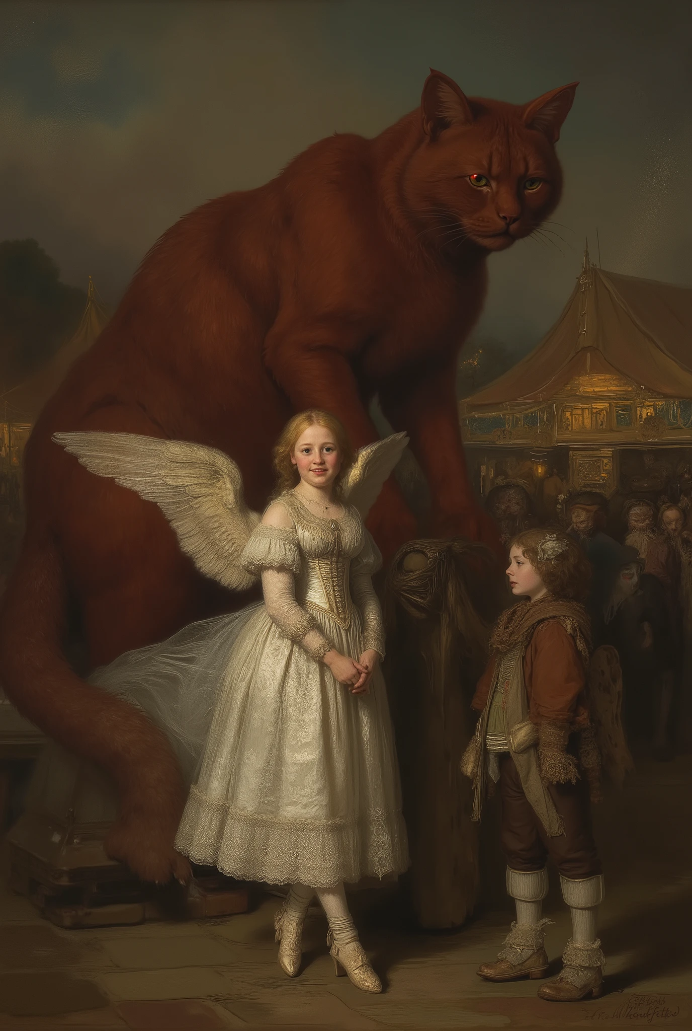 A bizarre soft digital painting, an oil painting depicting a small friendly young teenage angel of the Victorian era with a soft golden tuck, large outstretched wings of feathers, translucent white skin, charming blue eyes, a slender miniature body with a wasp waist, dressed in an ornate ivory corset. in a magnificent dress of lace and brocade, she stands, smiling serenely and gesturing warmly towards a towering monster-a huge red cat. The cat monster looms in a clumsy silhouette with glowing red eyes that flicker like coals. Despite his intimidating appearance, he listens calmly, slightly tilting his head as a sign of curiosity. They talk at dusk in a fantastic Victorian fairground, where gas lanterns flicker, casting warm reflections on the paved paths, caramel-striped tents, brass vending machines and bizarre steam-powered rides.A crowd of curious onlookers - Victorian children, clockwork animals and masked performers - are watching the unusual couple in amazement. The atmosphere is surreal, gentle and cinematic, combining Gothic elegance with whimsical fantasy. Focus on the angel. Workshop painting, oil on canvas, 