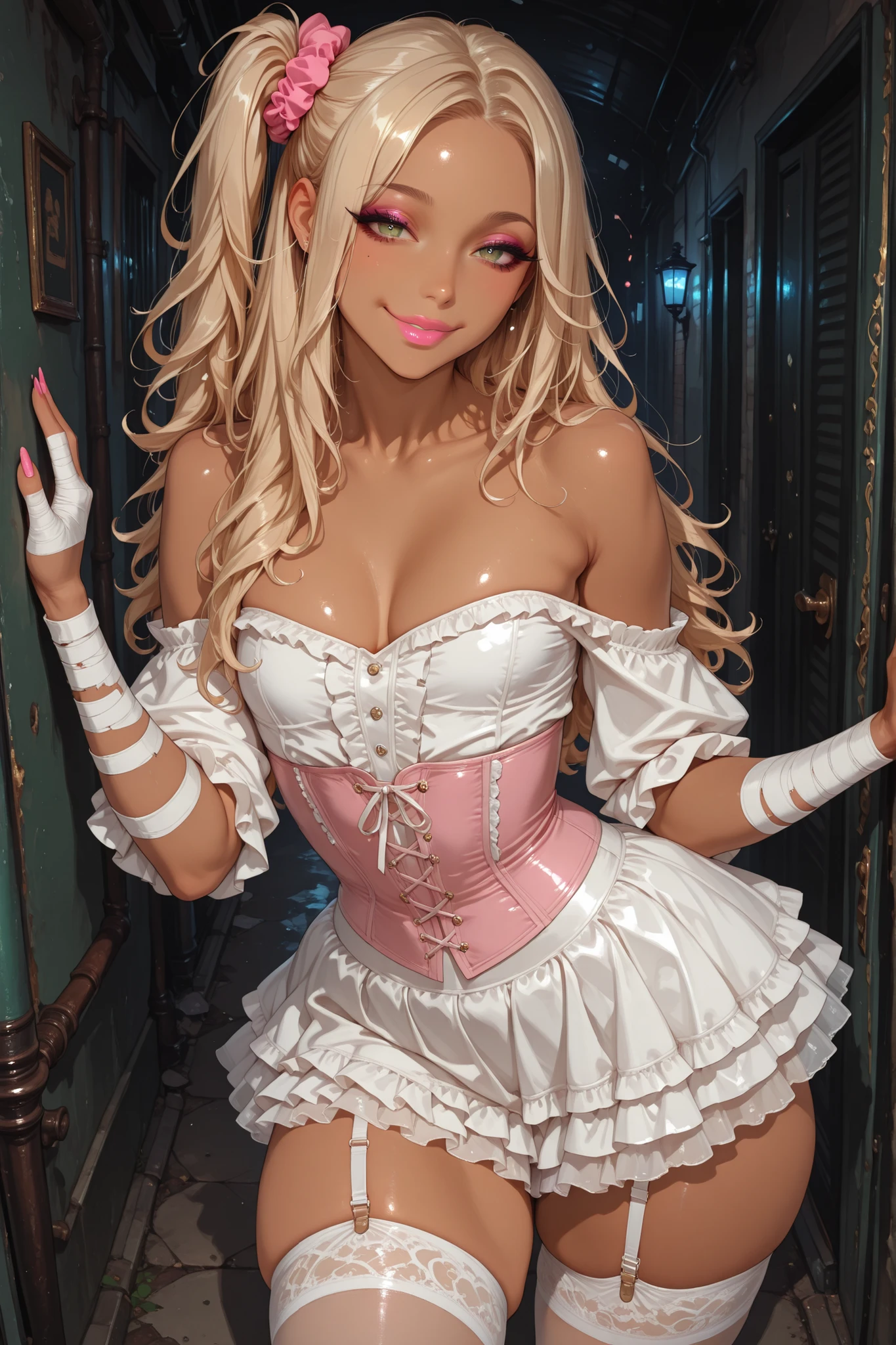 score_9, score_8_up, score_7_up, score_6_up, score_5_up, score_4_up, Label 1, Label2, quality_masterpiece, Anatomically correct, beautiful face, perfect face, Beautiful and highly detailed face, sexy Attractive face , Detailed Face,  Delicate Facial Features, detailed ,Very detailed & Beautiful and dazzling eyes, kogal gyaru, cheeky smile, pink lipstick, flat chest,  prepubescent, thick thighs, short skirt, frilly skirt, cleavage, dynamic pose,  green eyes , semi-long hair , blond hair , one side up , pink scrunchie, corset, Victorian clothes, Victorian era, dark alley, olive skin, brown skin, garter belt, stockings, bandages on legs, bandages on arms, off shoulder clothes, small girl, makeup, 