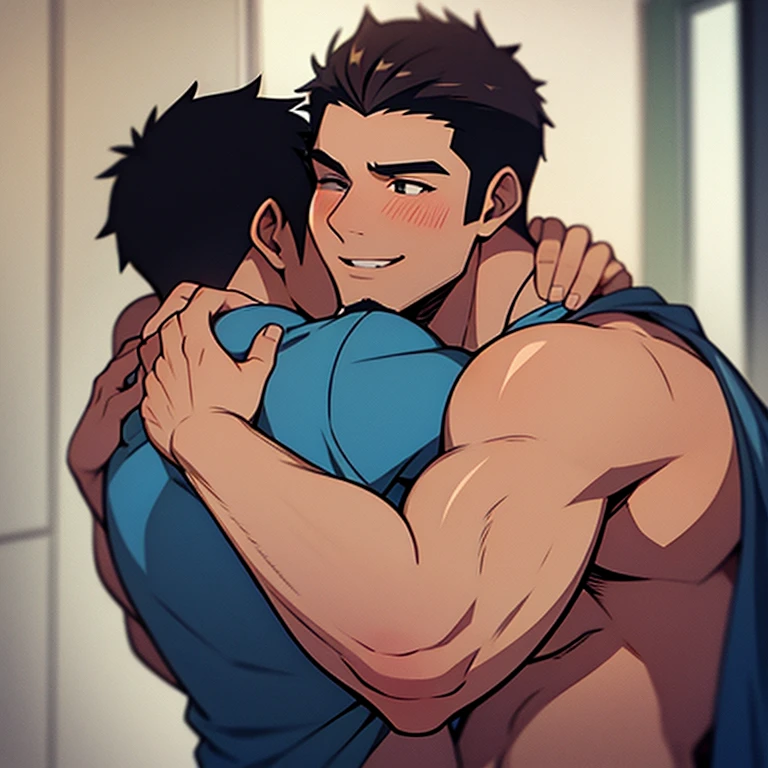 anime characters：Two superheroes in tights, Muscle superhero,Black Short Hair,  black skin, They hugged and kissed each other, Bite your neck, Caress, Manliness, male focus, Yellow and black high collar long sleeve tight T-shirt, Slightly  material, Very tight, Round, full and   muscles, Male dog waist, Slightly , muscular male, muscular, only, Upper body, alone, Black Short Hair, Thick eyebrows, stubble, Yellow eyes, Grey background, simple background, amazing quality, best aesthetics, Ridiculous, bright pupils, crew cut, parted lips, torogao, naughty face, blush, saliva trail, drop shadow, best quality