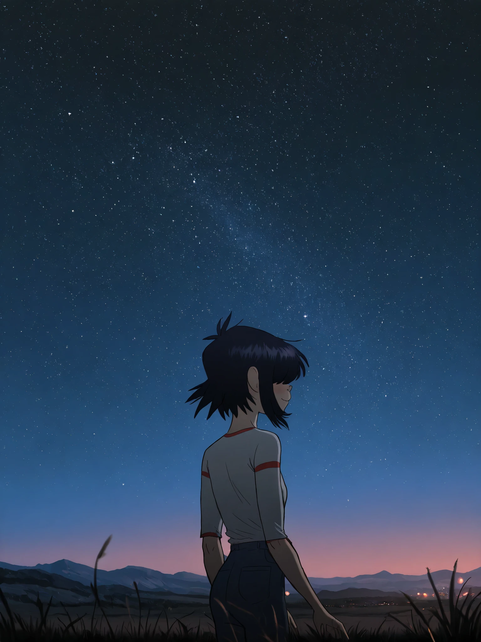 (masterpiece,best quality,newest,absurdres,highres), N00dl3P2, 1girl, solo, short hair, black hair, hair over eyes, romantic, stargazing, open field, night sky, starscape, ethereal lighting, soft rimlight, atmospheric, night ambiance