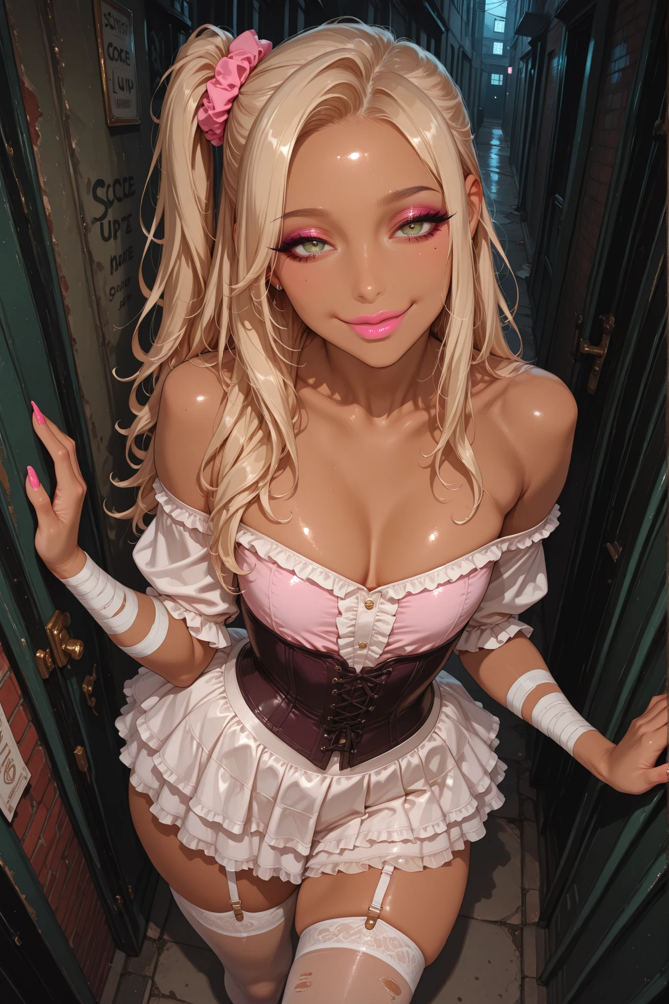 score_9, score_8_up, score_7_up, score_6_up, score_5_up, score_4_up, Label 1, Label2, quality_masterpiece, Anatomically correct, beautiful face, perfect face, Beautiful and highly detailed face, sexy Attractive face , Detailed Face, Delicate Facial Features, detailed ,Very detailed & Beautiful and dazzling eyes, kogal gyaru, cheeky smile, pink lipstick, flat chest, prepubescent, thick thighs, short skirt, frilly skirt, cleavage, dynamic pose, green eyes , semi-long hair , blond hair , one side up , pink scrunchie, corset, Victorian clothes, Victorian era, dark alley, olive skin, brown skin, garter belt, stockings, bandages on legs, bandages on arms, off shoulder clothes, small girl, makeup, suggestive pose, from above, standing, pink nails,