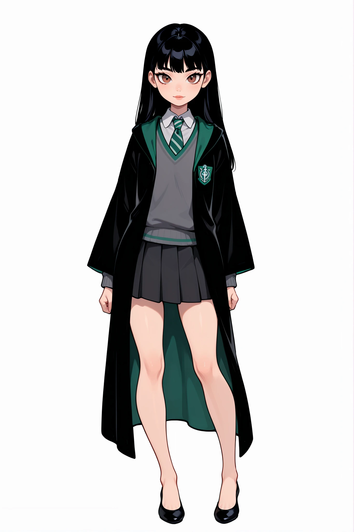 score_9, score_8_up, score_7_up, best quality, masterpiece, 4k resolution, 1girl, solo, youthful, young, beautiful, full body, long straight hair, pitch black hair, brown eyes, sharp eyes, looking at viewer, elegant posture, bare legs, smooth body, clean skin, hogwarts uniform, slytherin, black robe, necktie, striped necktie, collared shirt, sweater, pleated skirt, grey sweater, flats, ballet shoes, black shoes, vibrant expression,