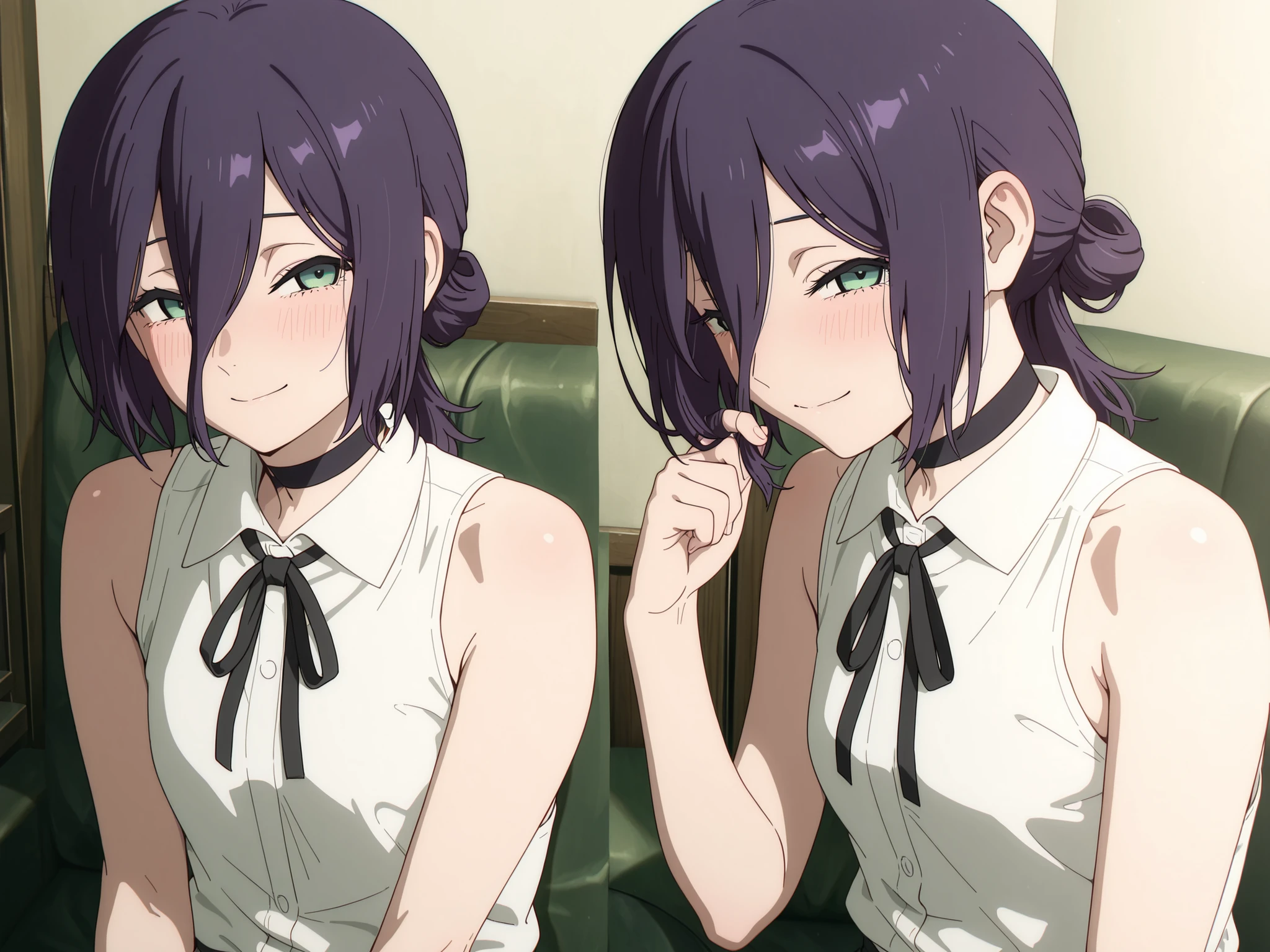 masterpiece, best quality, newest, very awa, masterpiece, best quality, absolutely absurdres, proportional body, proportional, beautiful hair, beautiful face, newest, detail finger, anime screencapreze, solo, black choker, purple hair, choker, eyebrows hidden by hair, green eyes, hair between eyes, long bangs, medium hair, reze from chainsaw man,,bare shoulders, black ribbon, collar, collared shirt, neck ribbon, ribbon, shirt, sleeveless, sleeveless shirt, white shirt, smile, closed mouth, sitting, playing own hair, blush1:1.4, shy expression, face away, expression