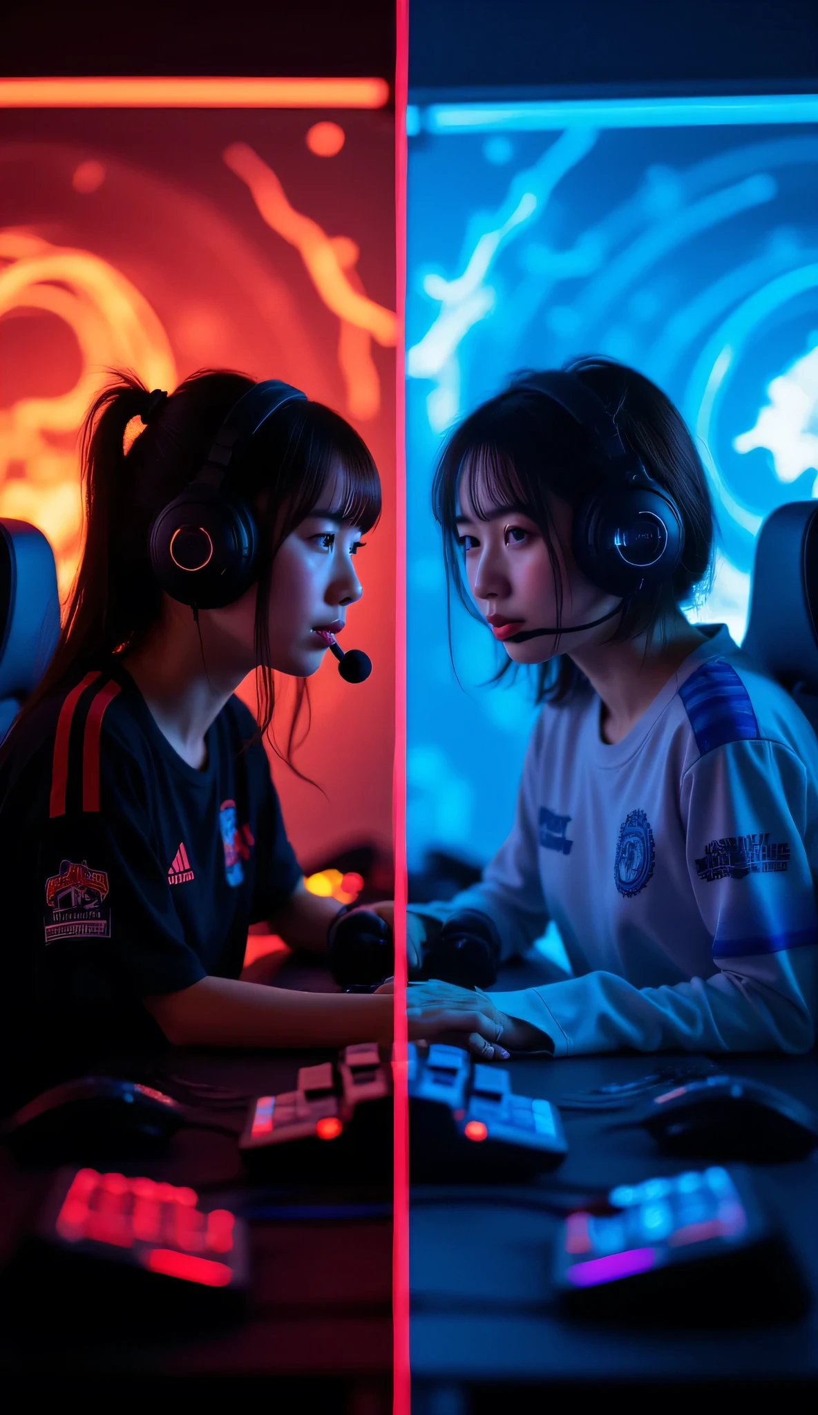 A photorealistic shot of two female e-sports players in a split-screen composition with a sharp vertical dividing line down the center of the image. Left side: a player with long dark hair in a ponytail wearing a black team jersey with red accents, sitting at her gaming station with red RGB-lit keyboard and mouse, intense focused expression. Behind her, the background shows a large screen displaying a fiery red and orange abstract digital pattern with her team's dragon logo. Right side: a player with short brown hair wearing a white team jersey with blue accents, sitting at her gaming station with blue RGB-lit keyboard and mouse, equally determined expression. Behind her, the background shows a large screen displaying an icy blue and white abstract digital pattern with her team's phoenix logo. Both players are in their early 20s, wearing gaming headsets, hands positioned ready on their controls, facing forward toward the camera but eyes focused on their screens. The vertical split creates a perfect symmetry emphasizing the rivalry between two opposing forces - fire vs ice theme. Dramatic contrasting lighting: warm tones on the left, cool tones on the right. Professional sports photography, shot with 50mm lens, f/2.8, high detail, pre-match tension, perfectly symmetrical divided composition.