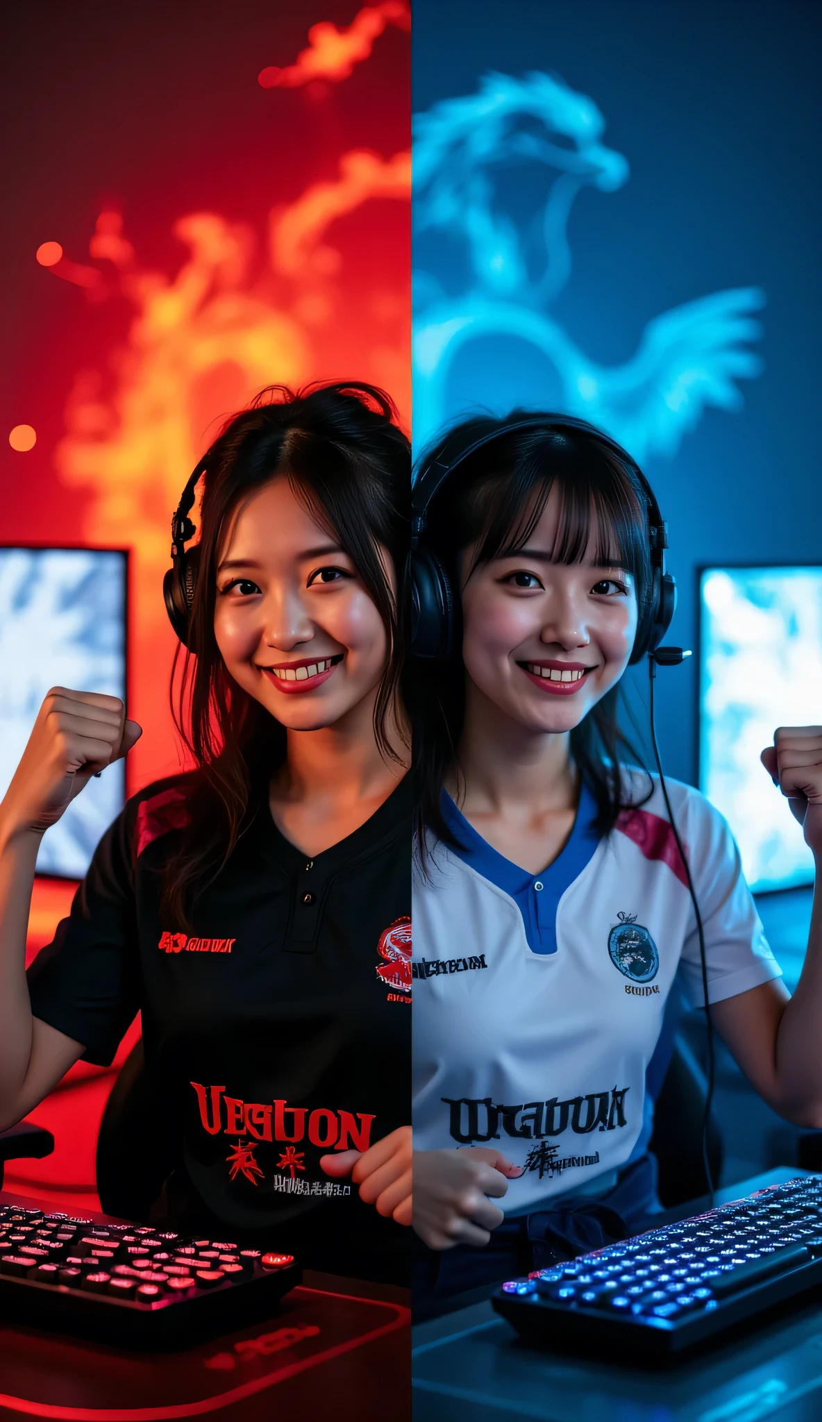 A photorealistic shot of two female e-sports players in a split-screen composition with a sharp vertical dividing line down the center of the image. Both players are facing the camera with confident, determined smiles and energetic expressions, showing their fighting spirit before the match. Left side: a player with long dark hair in a ponytail wearing a black team jersey with red accents, one fist raised in a victory pose or pointing forward confidently, sitting at her gaming station with red RGB-lit keyboard. Behind her, a large screen displays a fiery red and orange abstract digital pattern with her team's dragon logo. Right side: a player with short brown hair wearing a white team jersey with blue accents, also with one fist raised or making a determined gesture, sitting at her gaming station with blue RGB-lit keyboard. Behind her, a large screen displays an icy blue and white abstract digital pattern with her team's phoenix logo. Both players are in their early 20s, wearing gaming headsets, looking directly at the camera with bright, motivated expressions that say "I'll do my best!" Dramatic contrasting lighting: warm red-orange tones on the left, cool blue-white tones on the right. Professional sports photography, shot with 50mm lens, f/2.8, high detail, energetic pre-match atmosphere, perfectly symmetrical divided composition, uplifting mood.