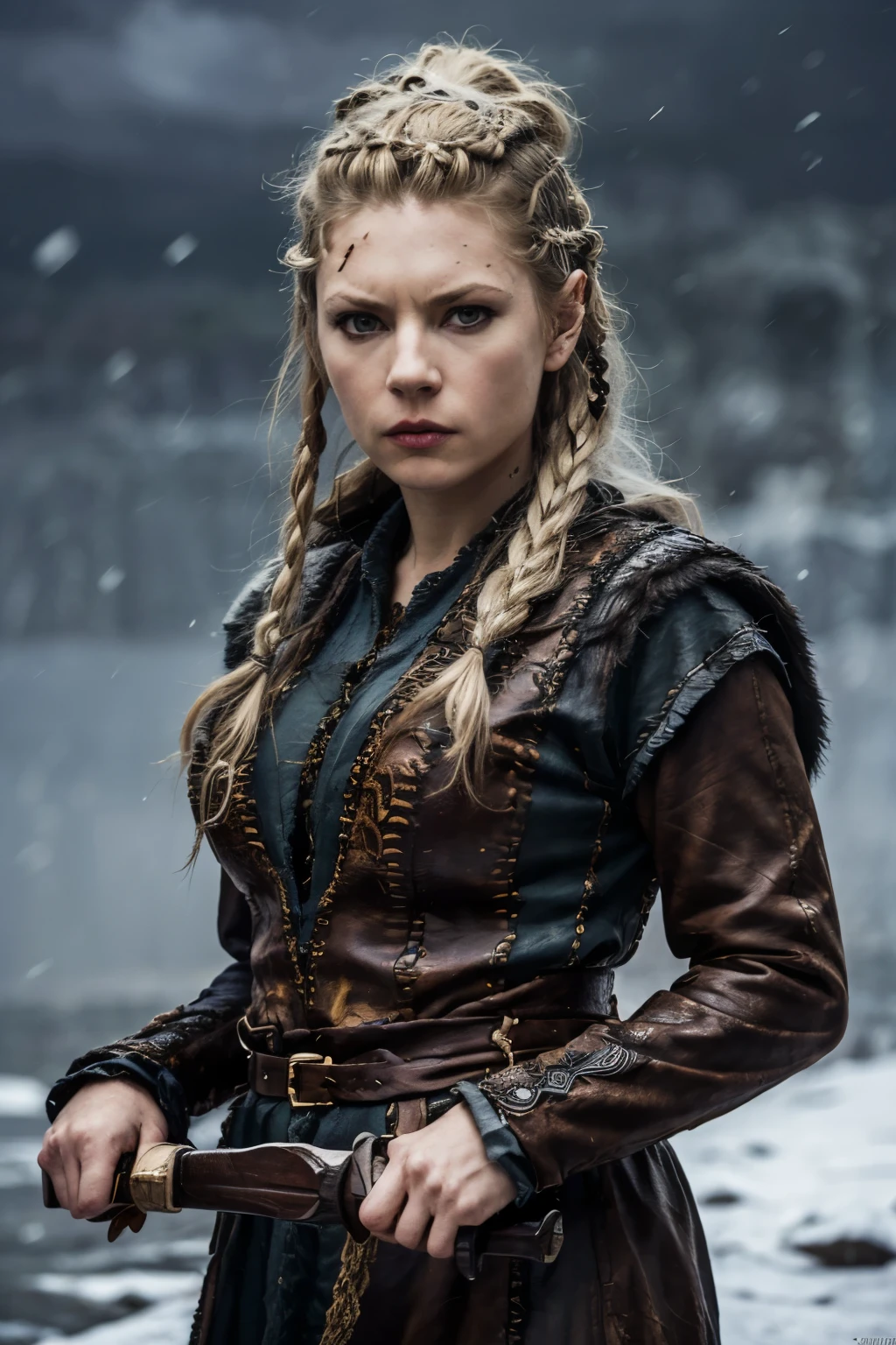 (( ultra-detailed, masterpiece, absurd, full-length, detailed)) viking woman, 50 years old, old, wrinkles, white hair, braided white hair, sword, looking mysterious and intimidating, assassin, black warm clothes, snow storm, dark winter background