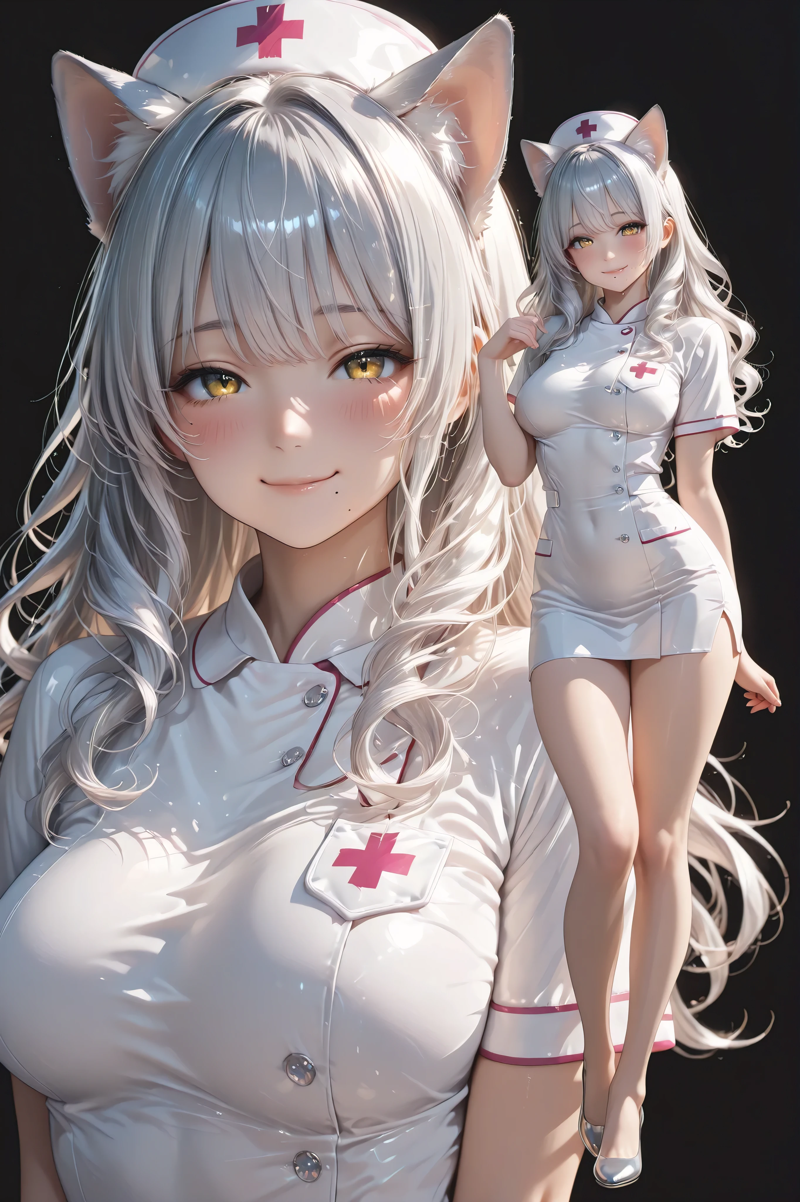 (masterpiece, best quality, ultra-detailed), 2 angles, zoom layer,upper body, full body, [from back], (cute, smile, a mole under the mouth), a very realistic photo of a beautiful 20-year-old Japanese nurse, wearing a tight and nurse dress, featuring a high side slit mini skirt and chest detail, (black background:1.2),long wave hair,silky silver hair,gold eyes,(cat ears:1.3),big chest, blush, looking at viewer, cute expression, soft lighting, warm atmosphere, head tilted slightly, inviting pose,