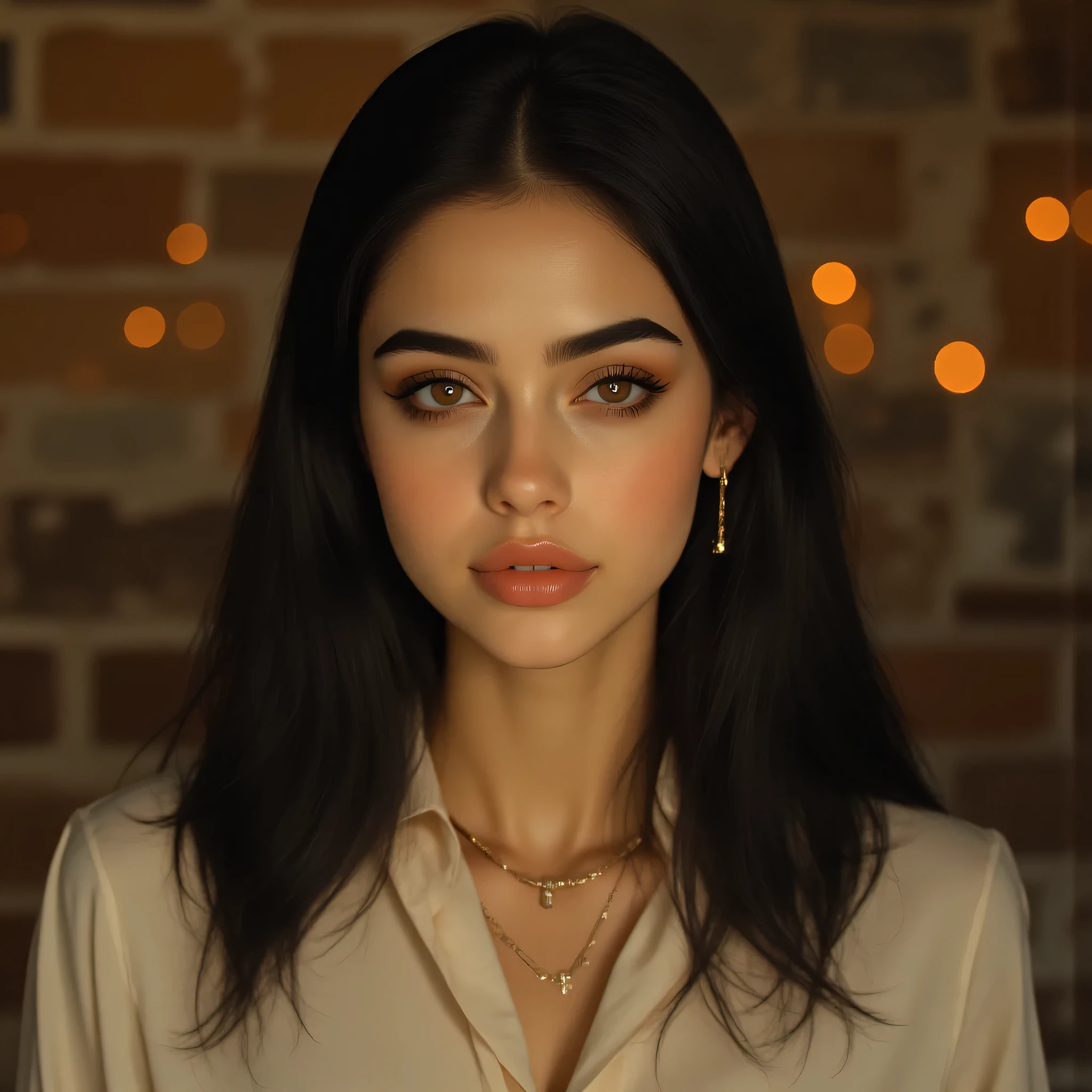 Hyperrealistic portrait, adult woman, 26 years old, Mediterranean Latina, medium-close shot (from the chest up), centered framing, direct gaze at the camera with an intense and slightly enigmatic expression. Face with natural skin and visible texture (subtle pores, realistic lighting), high cheekbones, thin but natural nose, full lips with soft gloss, teeth barely visible in a half smile. Large hazel eyes with multiple reflections/catchlights—detail iris: fine radations, clear tonal transition—long, defined eyelashes, arched and well-groomed eyebrows. Loose hairstyle, soft waves over the shoulders, strands framing the face. Sophisticated but natural makeup: translucent foundation, subtle contouring, highlighter on Cupid's bow and cheekbones, warm matte eyeshadow, fine eyeliner, mascara that separates each lash. Clothing: ivory silk blouse with a discreet neckline, visible texture in the fabric, minimal pendant. Composition: very slight 3/4 head shot, right eye at the center of intersection (rule of thirds), soft bokeh blurred cinematic background (warm tones—amber and chocolate brown), shallow depth of field (creamy bokeh). Lighting: large softbox main light on the left (key), soft fill light on the right, subtle backlight to separate hair; warm temperature 3200–4500K for a cinematic feel. Camera/lens: Sony A7R IV, 85mm f/1.4, ISO 100, f/1.8, 1/160s (or equivalent — priority given to short DOF and facial detail). Post-processing: minimal skin retouching (maintain texture), slight frequency separation, selective sharpness in eyes, very fine film grain, cinematic color balance (very subtle teal & orange), high dynamic range, 8k detail, ultra-realistic skin pores, photorealistic. Include emphasis tags: (ultra-detailed face:1.4) (bright eyes:1.5) (natural skin texture:1.2) (creamy bokeh:1.1) (captivating expression:1.3). Synthesize: "medium close-up, chest up, real 26-year-old woman, cinematic portrait, ultra-detailed face and eyes, natural skin texture, photographic li