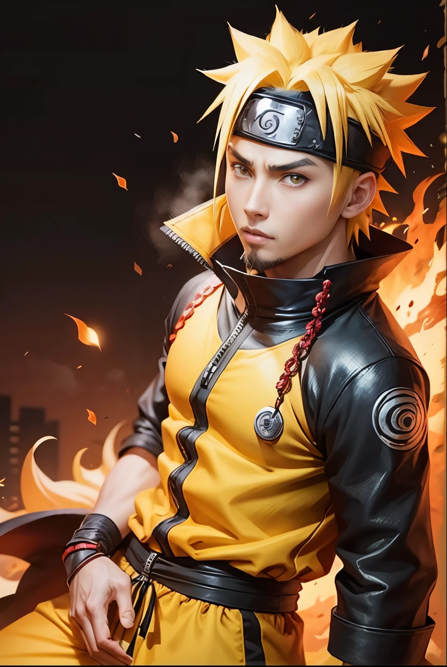 Hot profile picture, masterpiece, extremely accurate rendering, cool handsome Naruto, blond hair, looking at viewer, solo, reliable, savior of the world, simple design, beautiful image best, 8K, light red eyes, original orange clothing style according to the characters in the story, reflecting the red and purple sparks on the chest.