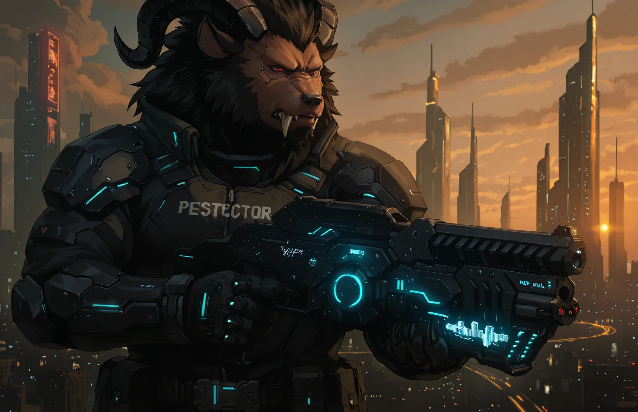 The beast has strong leonine features with detailed realistic fur (dark brown body fur, black mane with rich texture), sharp fangs, red eyes, Cyberpunk realism, ultra-detailed, Leonhart, anthropomorphic beast king, muscular build, standing in full height in a strong and confident law-enforcer pose. His face has red eyes, prominent fangs, and a thick black mane with carefully detailed fur. He has large curved black horns and sharp claws on both his hands and feet (fully visible). His body is powerful and intimidating, with a police uniform in futuristic cyberpunk style (inspired by anime Psycho-Pass), dark tactical coat with glowing neon-blue police insignias. n his right hand, Leonhart holds and aims a Dominator gun (from Psycho-Pass, cyberpunk glowing weapon, black body with cyan glowing neon details, very detailed, realistic lighting). On his left wrist, a holographic watch projects a glowing floating screen with numbers for phone dialing (bright cyan hologram, futuristic UI), Cyberpunk city at night, inspired by futuristic skyline (first reference). Towering skyscrapers with glowing neon panels, holographic billboards, flying cars, and dark clouds reflecting neon lights. Distant glowing roads and bridges, Cyberpunk realism, cinematic lighting, ultra-detailed fur and fabric textures, Strong contrast between neon blues of technology and darker tones of the city, Leonhart is the focus, with his beastly features well-rendered (fur strands, mane volume, claws, horns), black curved horns, natural texture, no red, realistic material, ultra-detailed fur strands, realistic animal fur, highly textured mane, photorealistic hair rendering,, cyberpunk realism, photorealistic lighting, cinematic, detailed texture, ultra realistic fur and skin rendering