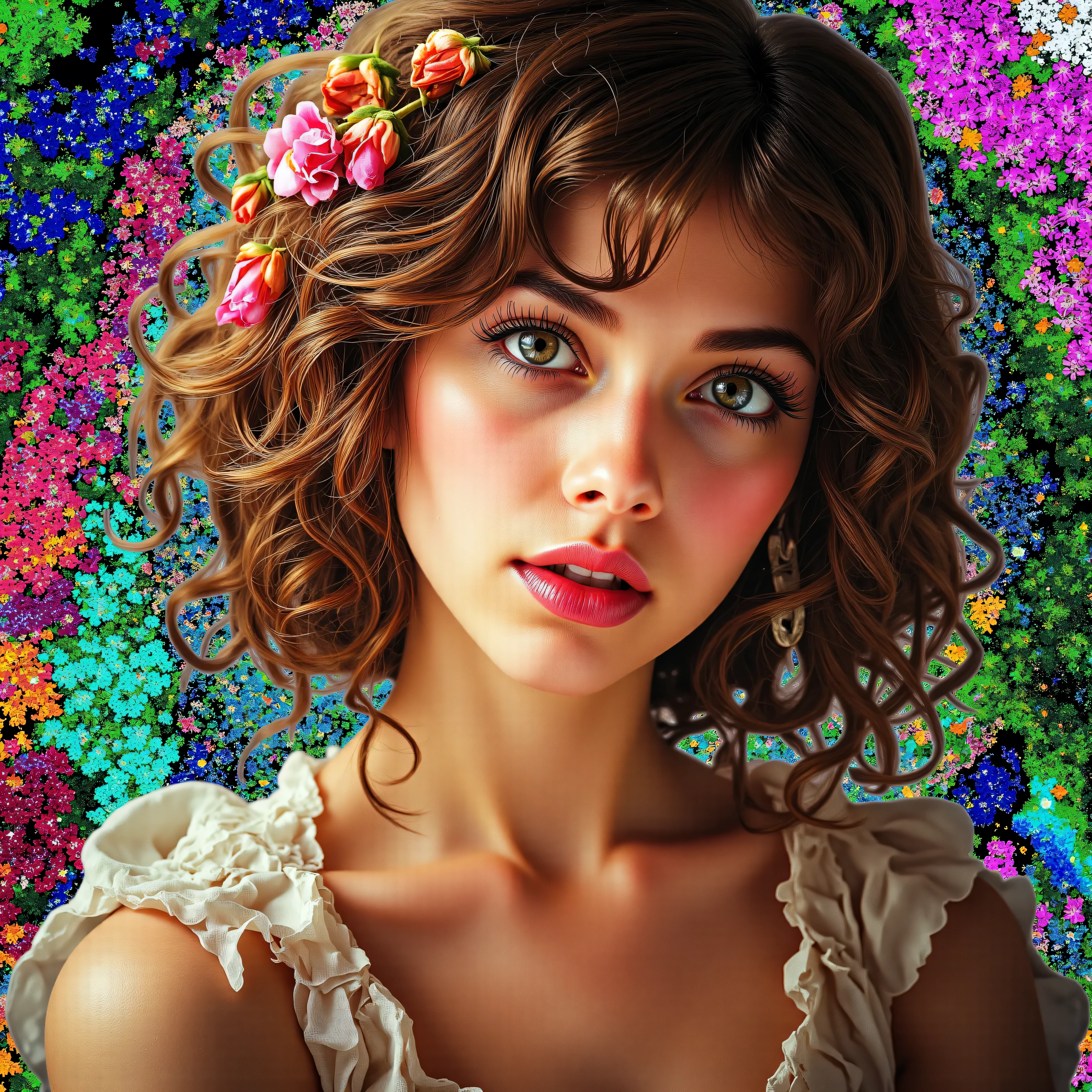 Lovely portrait. A girl with flowers in her hair. Ultra-realistic, photo-realistic. Ultra-attractive woman with a strange world background. Psycho's masterpiece.