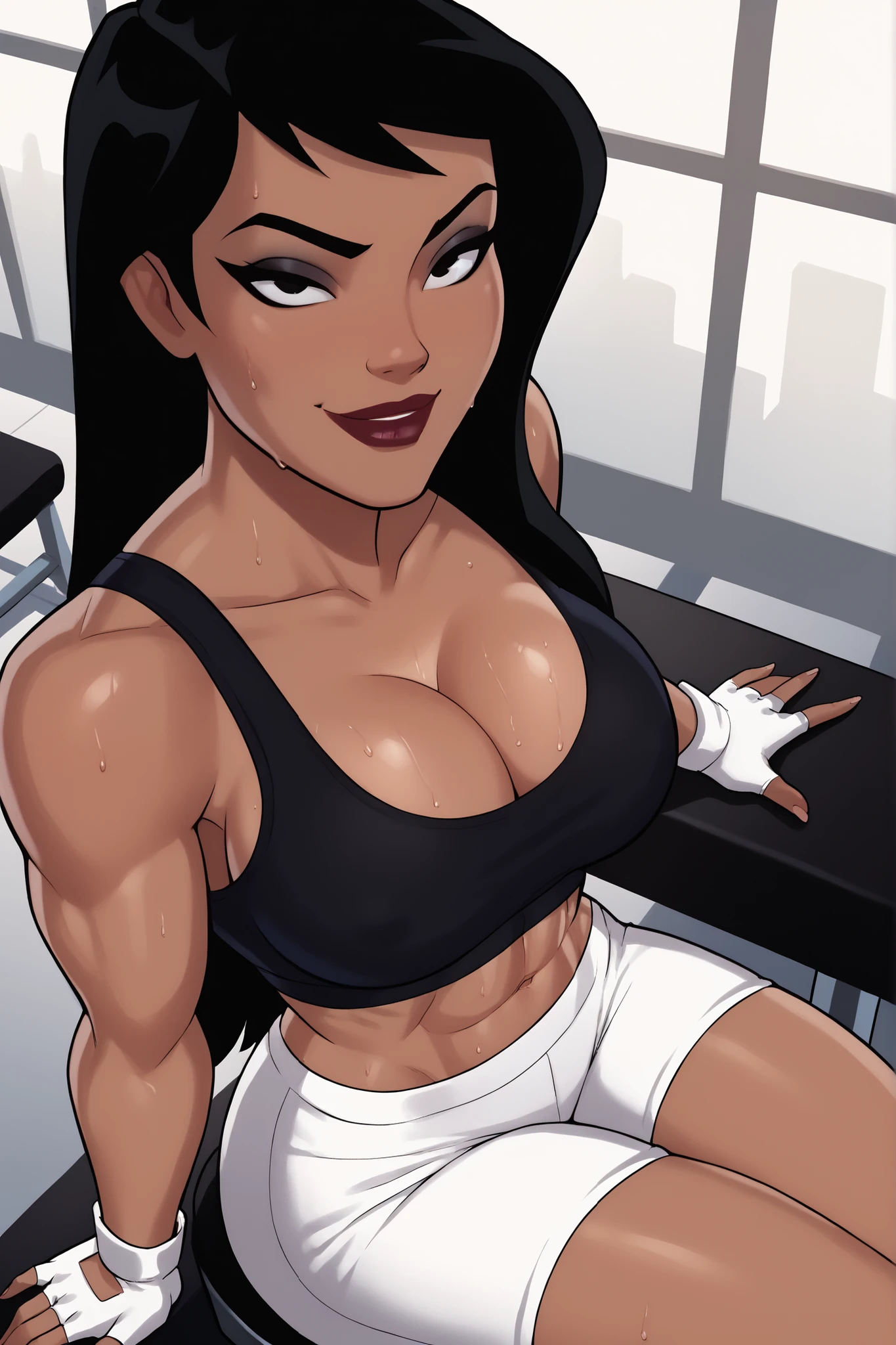 BREAK, score_6_up, score_7_up, score_8_up, score_9, 1girl, solo, Drlight, long hair, black hair, black eyes, lipstick, makeup, dark-skinned female, , busty, cleavage, curvy, athletic, midriff, looking at viewer, seducing viewer, teasing viewer, expression, smiling, closed mouth, bedroom eyes, black sports bra, white gym shorts, white fingerless gloves, indoors, gym, sitting on stool, closeup, portrait, upper body, high-angle view, black eyeshadow, sweaty, sweat drops