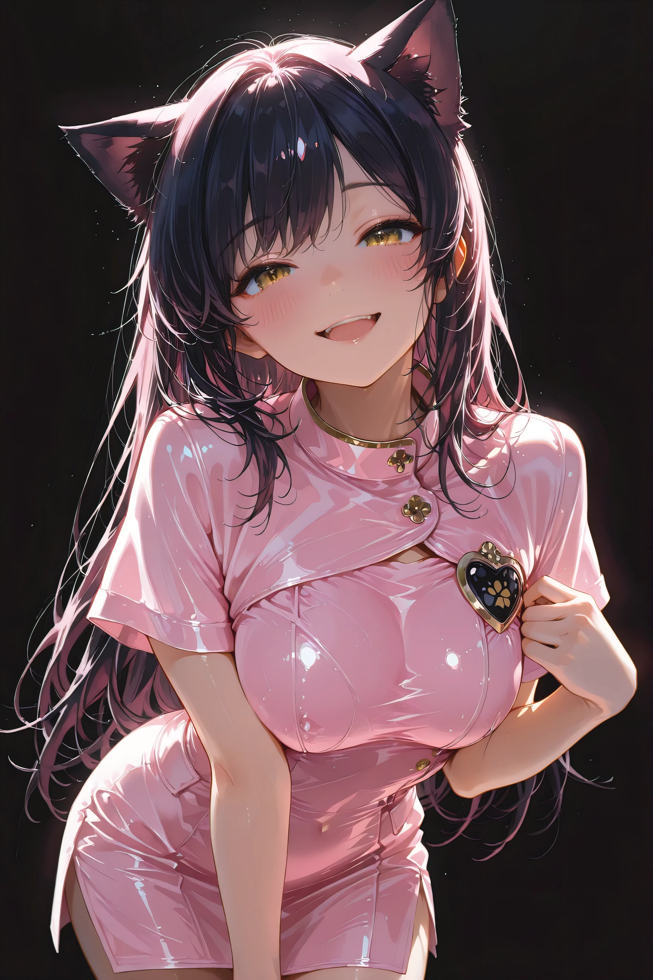 (masterpiece, best quality, ultra-detailed), (cute, smile, open mouth), a very realistic photo of a beautiful 18-year-old Japanese nurse, wearing a tight and nurse dress, featuring a high side slit mini skirt and chest detail, (black background:1.5),long hair,black pink hair,gold eyes,(cat ears:1.3), blush, looking at viewer, cute expression, soft lighting, warm atmosphere, head tilted slightly, inviting pose,