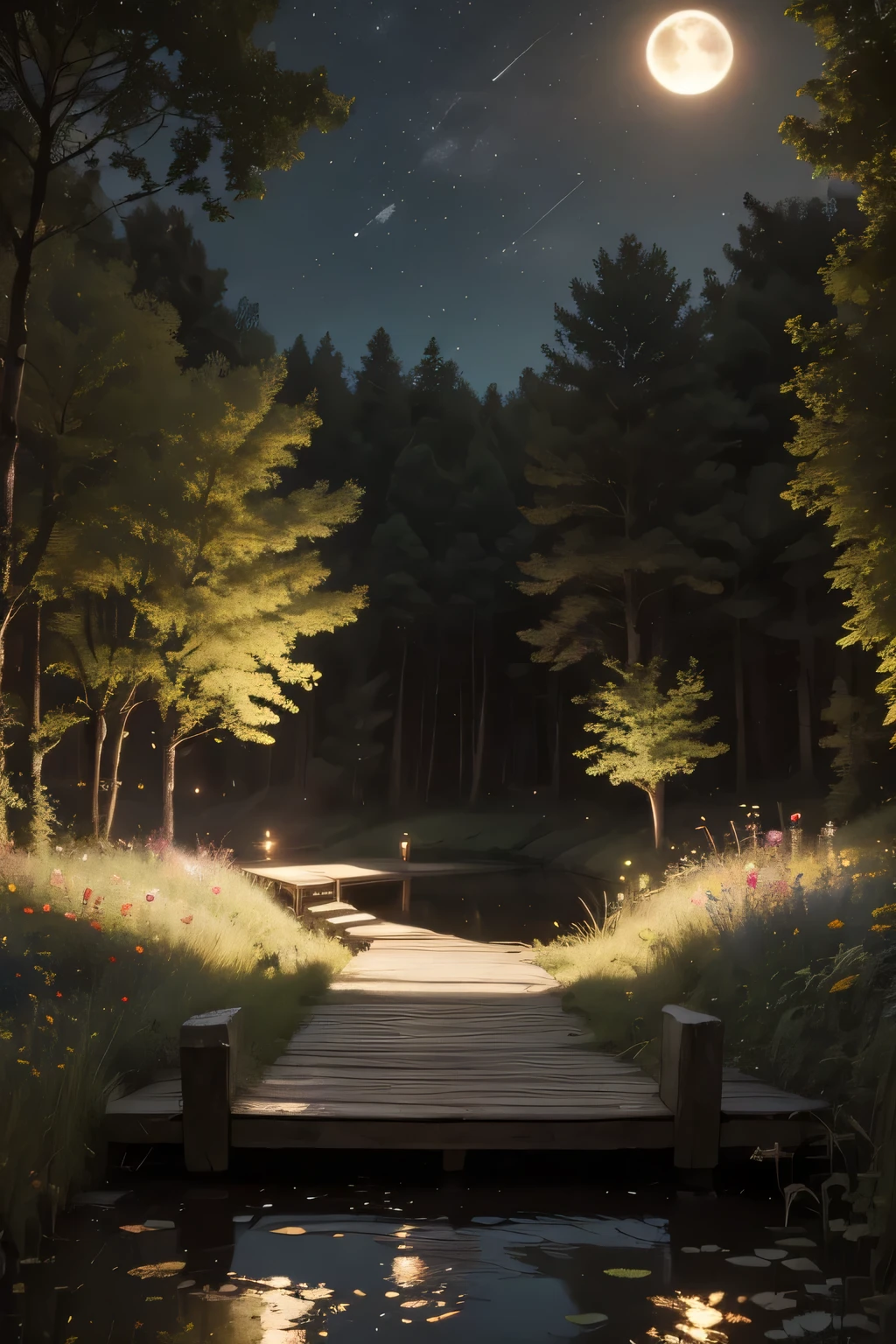 firefly night, a beautiful moonlit scene, glowing fireflies dancing among tall grass and wildflowers, a serene pond reflecting the night sky, a wooden bridge crossing the water, lush green foliage surrounding the peaceful landscape, warm golden lighting illuminating the tranquil atmosphere, high resolution, photorealistic, professional landscape, dynamic composition, dramatic lighting, intricate details, 8K, photo-realistic, HDR, studio lighting