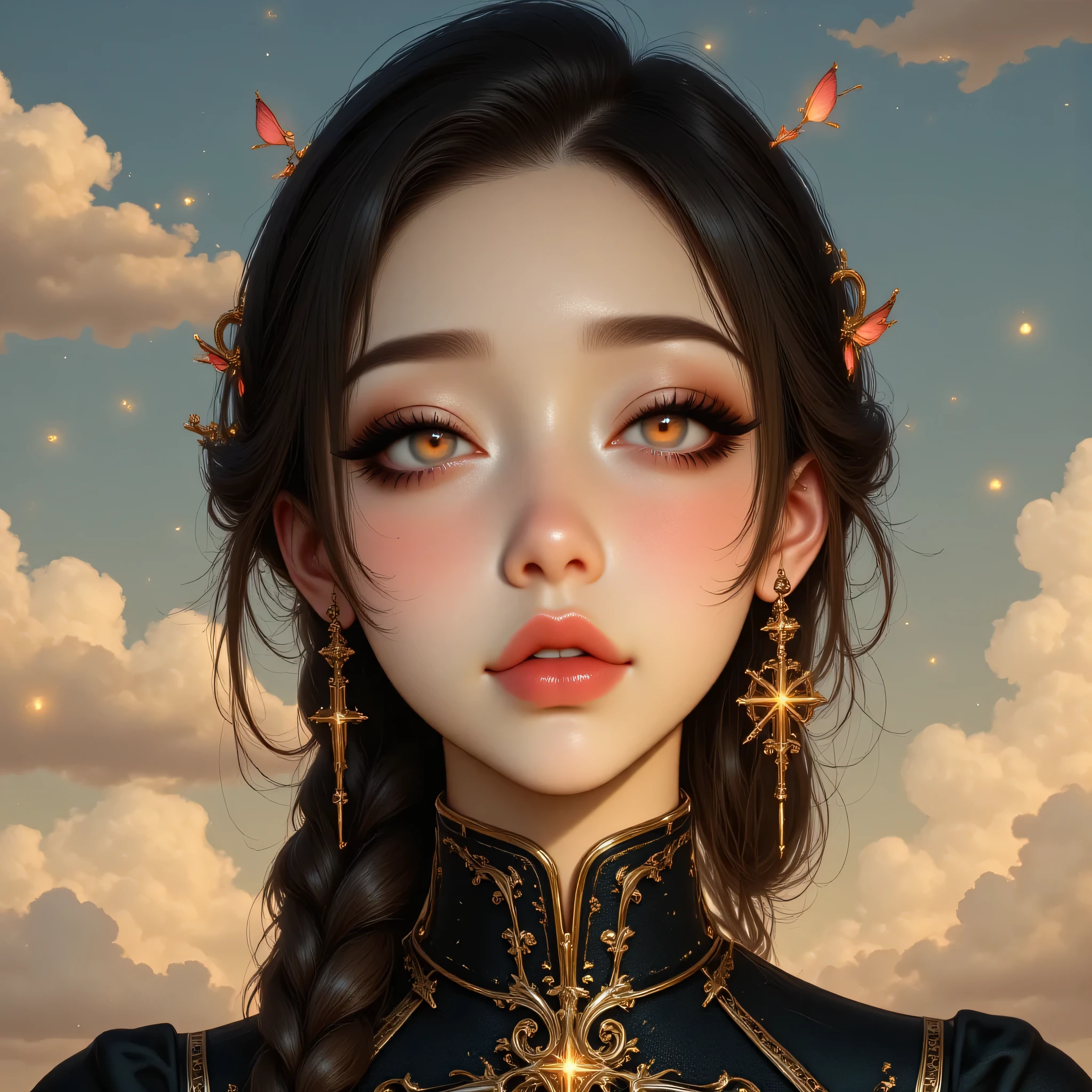 High-quality digital painting portrait, 24-year-old woman with East Asian features, medium-close shot (chest up), focus on face and eyes, centered composition, dreamy yet powerful expression. Oval face, porcelain skin with slight warm undertones, soft cheekbones, small lips with satin shine, small and delicate nose. Almond-shaped jade-green eyes with fantastic sparkles and micro-details (iris veins), long eyelashes, thin, slightly arched eyebrows. Elaborate hairstyle: side braid with small gold accessories and floating petals (magical effect). Clothing: dark brocade top with gold embroidery suggesting a fantastic dress without revealing too much. Background: ethereal pictorial landscape with low clouds, golden sparkles, and particles of light; color palette: mauve, jade, gold. Painting style: realistic digital brush + touches of fantasy, mixture of textures (watercolor and digital oil), visible brushstrokes and microdetails on skin and eyes. Lighting: soft warm overhead light with slight cold rim light for contrast (gold on face), subtle glow on contours. Technique: high digital resolution, very fine canvas texture, micro details (pores, light freckles, shine), soft gradients on skin. Include composition instructions: (face:1.5) (fantastic eyes:1.6) (brush texture:1.1) (dreamlike atmosphere:1.2). Include software reference: "digital painting, Photoshop + Procreate brushes, high-detail, 8k, cinematic composition."
Negative prompt:
caricature, low detail, clumsy lines, incorrect proportions, extra hands, deformations, dirty or muddy colors, weird teeth, flat eyes without shine, excessive blur, compression artifacts, signature/logo, watermarks, anachronistic modern elements (phones, logos), forced photographic realistic style (avoid photo-realism here), over-smoothed skin without brushstrokes, pixel glitches, poorly rendered hands.
