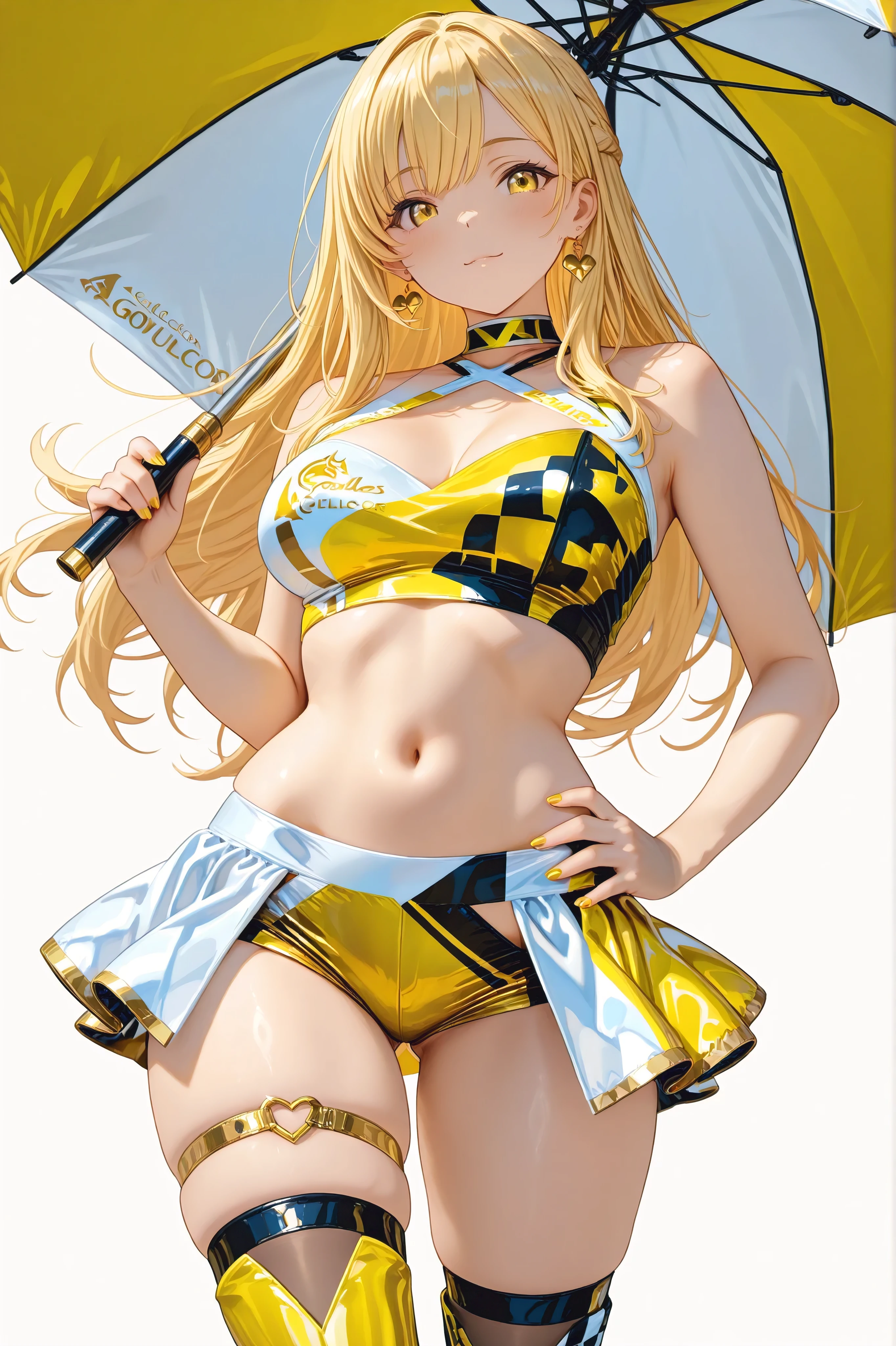 She wears a crop top, showing off her midriff, and a showgirl skirt with micro shorts. Gold micro thigh straps and thigh-highs add a glamorous touch. One hand rests on her hip, showcasing her perfect hands. Jewelry adorns her eyes. A goldcolor race queen, she exudes confidence and detail,