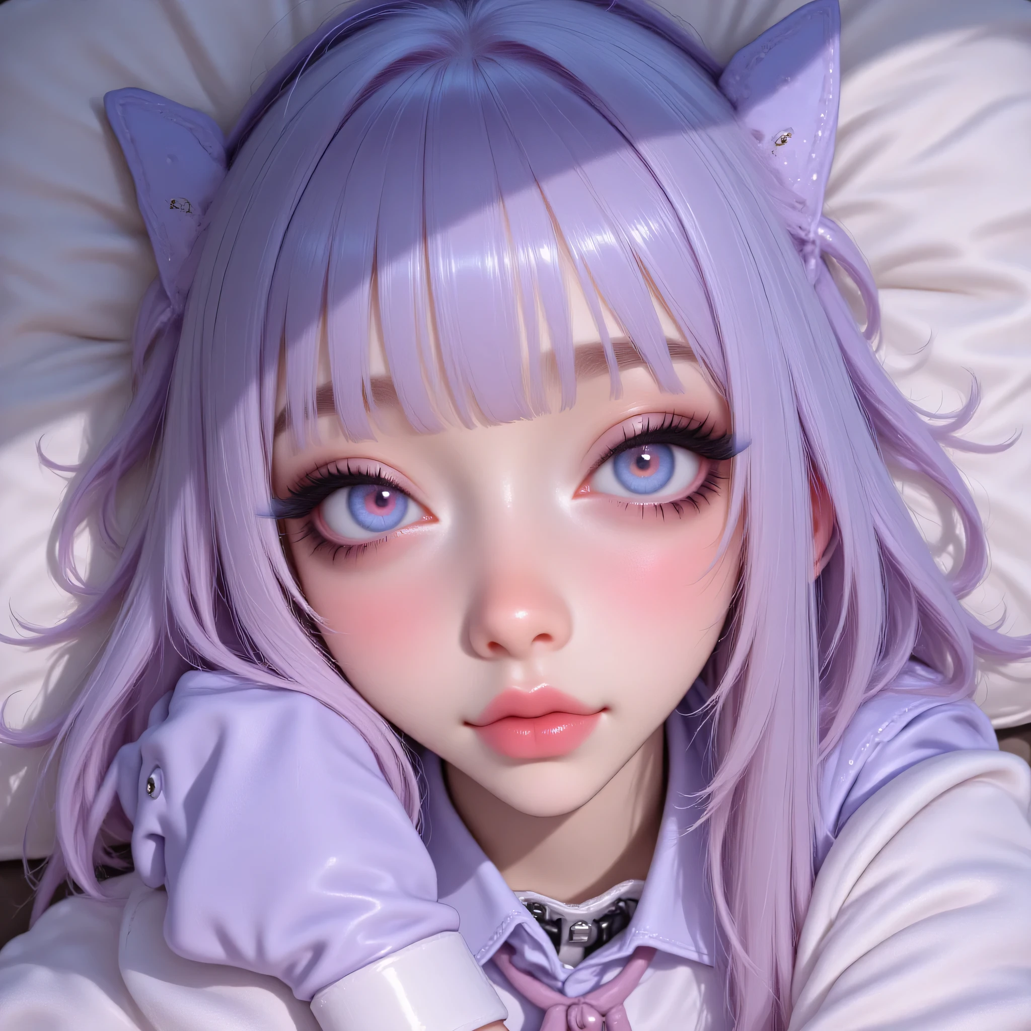 Anime/Japanese illustration style portrait, 22 years old, medium-close shot (chest up), focus on expressive gaze and large, detailed eyes. Stylized face but with realistic texture details: luminous skin, slight blush on cheeks, small pink lips. Huge eyes, multiple highlights (two-tone highlights), soft gradient in iris (deep blue > cyan), long, defined eyelashes, clean eyeliner. Hairstyle: straight hair with soft bangs and strands behind the ears, pastel color (lavender with silver highlights). Expression: a mixture of innocence and confidence, slight smile. Costume: modern stylized school blouse or shirt top with a cute collar (not sexualized). Style: neat cel-shading with soft gradients, clean lineart, speckle-like shine details on eyes and lips, subtle particle effects (glitter). Composition: head centered, framing from the chest up, use of negative space with soft circle bokeh. Lighting: soft front light + pastel rim light, moderate contrast. Resolution: ultra-detailed 4k+, sharp linework, vibrant but controlled colors. Emphasis tags: (big, bright eyes:1.7) (clean lineart:1.3) (glowing skin:1.2) (adorable/confident expression:1.4). Add: "no photorealistic skin pores, keep anime texture."
Negative prompt:
odd eye (mono-ocular), disproportionate eye, hands/multiple limbs, low resolution, shaky lines, dirty colors, excessive realistic anatomy, childish features (not minor), logos, watermarks, glitch, dull eyes, strange teeth, facial deformity, excessive photographic textures, background with text.