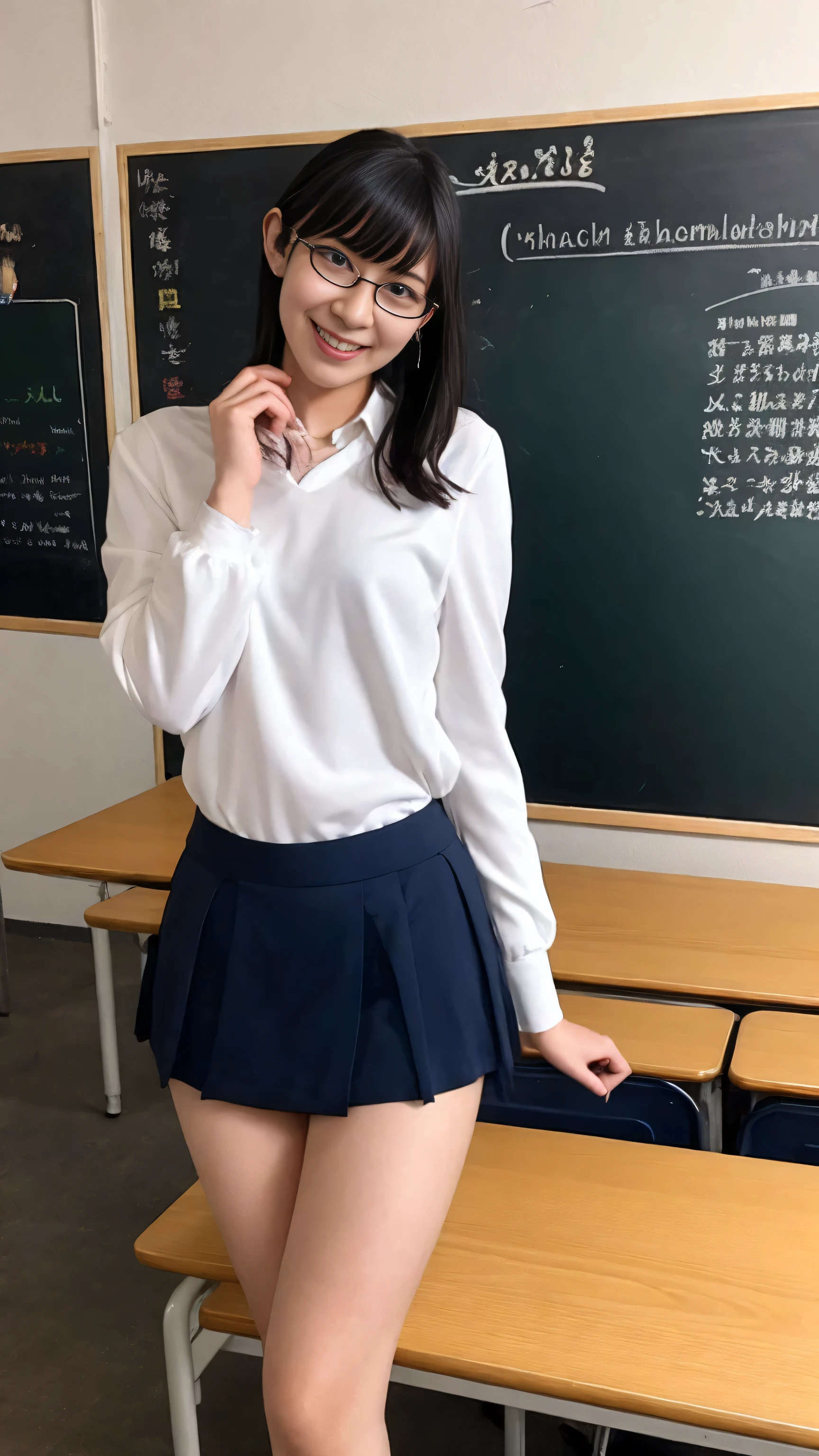 (Saya Hiyama:0.75; Yumiko Matsuo:0.25) one woman, 20 years old, waifu, smiling, black glasses, perfect face, bending on teacher desk, short skirt, sexy uniform, posing in front of a blackboard with japanese characters, classroom, hyperrealistic, cyber school girl, realistic, seifuku, dressed as, japanese girl, japanese , school girl, cute, sweet, wearing japanese, slender legs, perfect legs, perfect hands, thighs thighs thighs thighs, beautiful anime high school girl