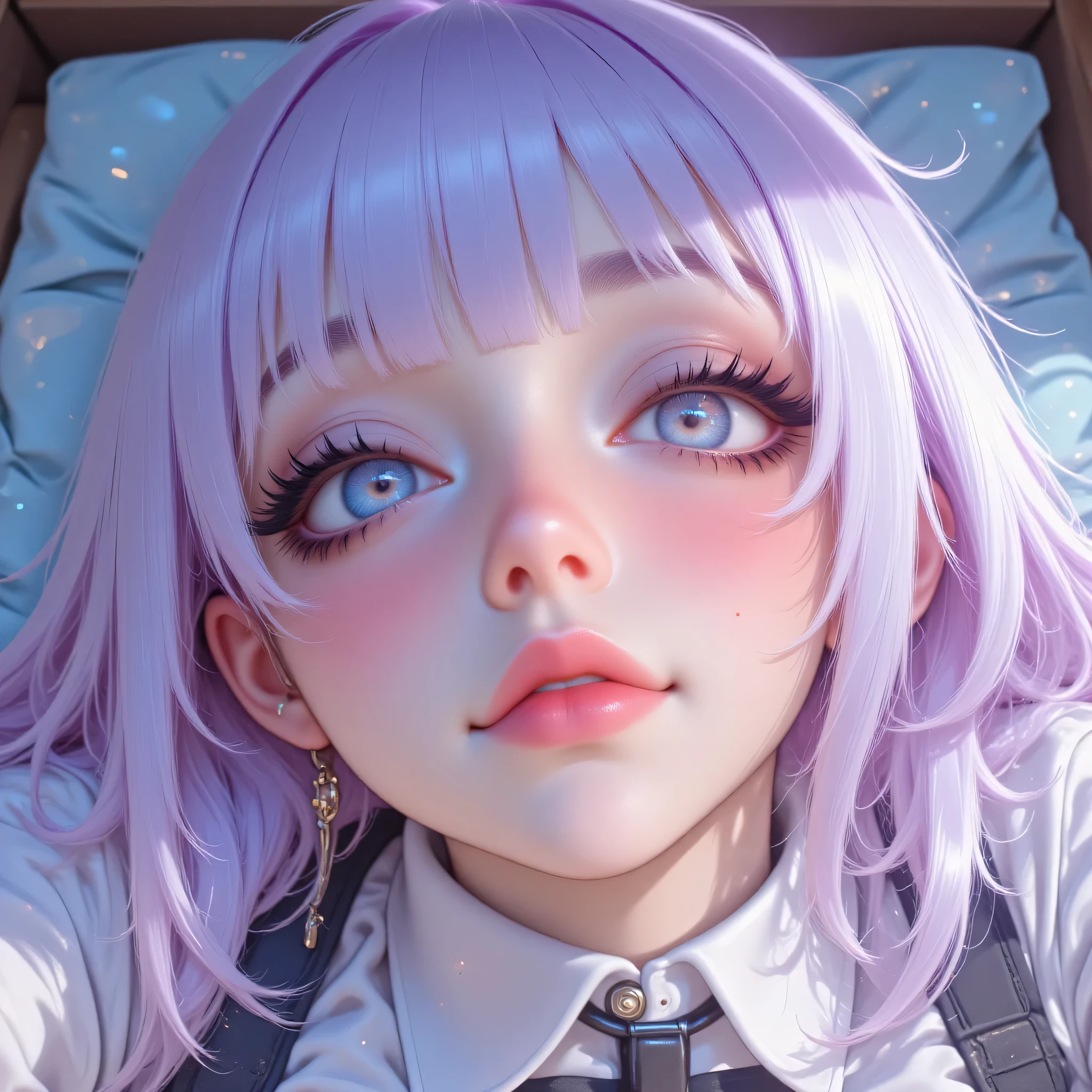 Anime/Japanese illustration style portrait, 22 years old, medium-close shot (chest up), focus on expressive gaze and large, detailed eyes. Stylized face but with realistic texture details: luminous skin, slight blush on cheeks, small pink lips. Huge eyes, multiple highlights (two-tone highlights), soft gradient in iris (deep blue > cyan), long, defined eyelashes, clean eyeliner. Hairstyle: straight hair with soft bangs and strands behind the ears, pastel color (lavender with silver highlights). Expression: a mixture of innocence and confidence, slight smile. Costume: modern stylized school blouse or shirt top with a cute collar (not sexualized). Style: neat cel-shading with soft gradients, clean lineart, speckle-like shine details on eyes and lips, subtle particle effects (glitter). Composition: head centered, framing from the chest up, use of negative space with soft circle bokeh. Lighting: soft front light + pastel rim light, moderate contrast. Resolution: ultra-detailed 4k+, sharp linework, vibrant but controlled colors. Emphasis tags: (big, bright eyes:1.7) (clean lineart:1.3) (glowing skin:1.2) (adorable/confident expression:1.4). Add: "no photorealistic skin pores, keep anime texture."