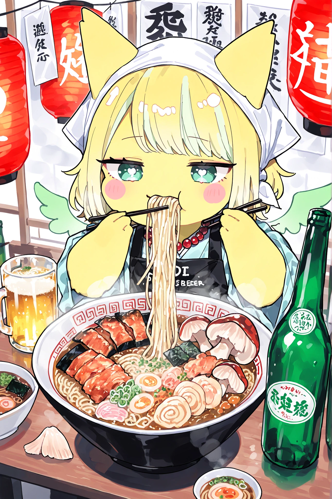 (xxx667_illu,DSP, artist:DSP, mogeko,eating ramen,) Ramen faèrie. She is miniature. She has white fae wings. She has yellow skin and two fluffy yellow ears. Her eyes are blue. She has hair clips. She is dressed in kawaii yellow kimono with food print, and black apron. She wearing  a red necklace with beads. She wearing a white headscarf with red asian ornament.   She holds the food using chopsticks. (On the background: In the background, the authentic interior of a Japanese street restaurant selling ramen and other street food, decorated with red paper lanterns. In the foreground there is a wooden bar table set with various snacks on plates, large bowl of steaming mushroom u ramen soup sprinkled with green onions, close-up noodles,next to them are plates with sushi,grilled squid, deep-fried shrimp. There is a beer mug next to the side,bottle of soda, and a bottle of beer)