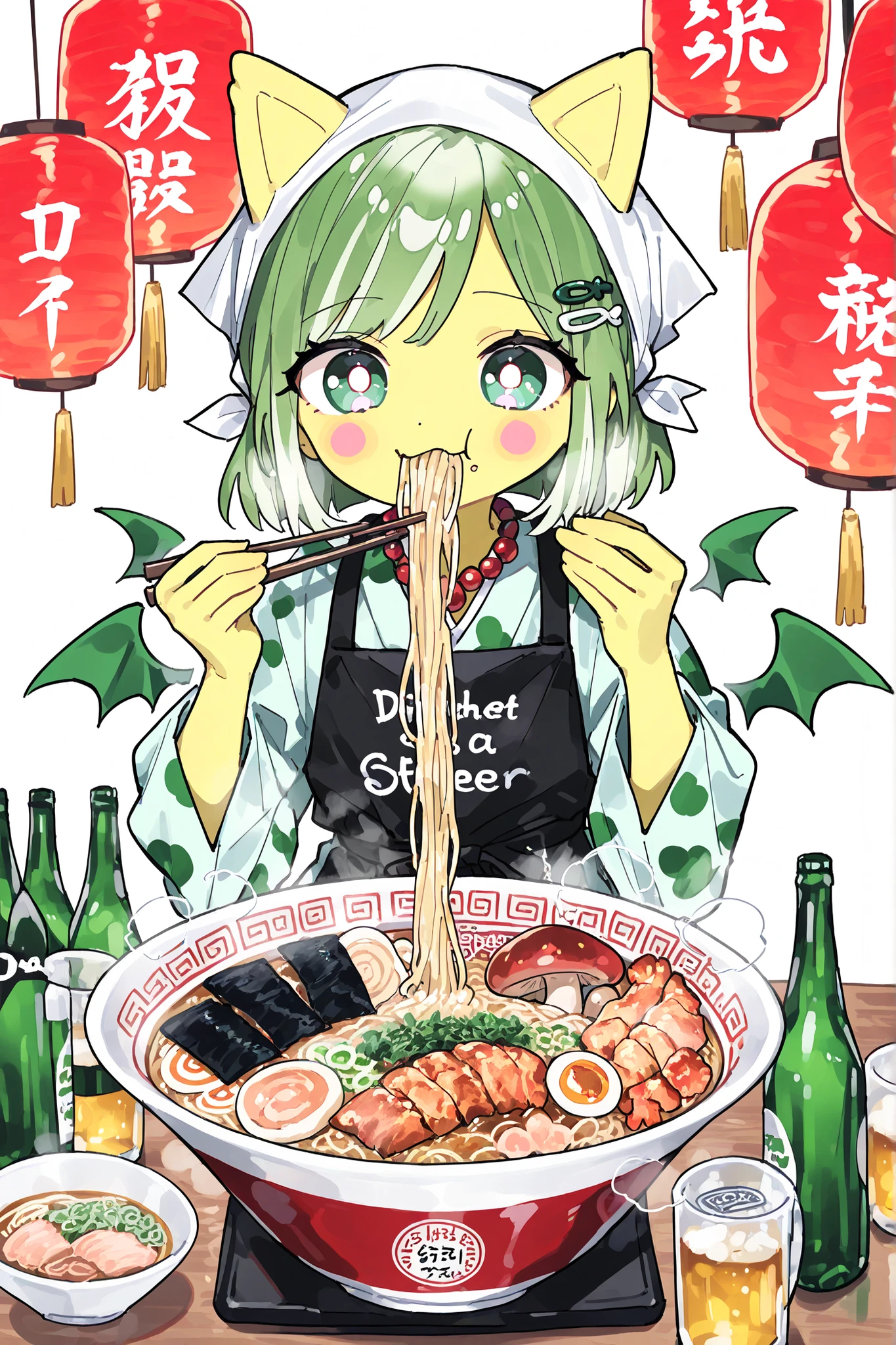 (xxx667_illu,DSP, artist:DSP, mogeko,eating ramen,) Ramen faèrie. She is miniature. She has white fae wings. She has yellow skin and two fluffy yellow ears. Her eyes are blue. She has hair clips. She is dressed in kawaii yellow kimono with food print, and black apron. She wearing a red necklace with beads. She wearing a white headscarf with red asian ornament. She holds the food using chopsticks. (On the background: In the background, the authentic interior of a Japanese street restaurant selling ramen and other street food, decorated with red paper lanterns. In the foreground there is a wooden bar table set with various snacks on plates, large bowl of steaming mushroom u ramen soup sprinkled with green onions, close-up noodles,next to them are plates with sushi,grilled squid, deep-fried shrimp. There is a beer mug next to the side,bottle of soda, and a bottle of beer)