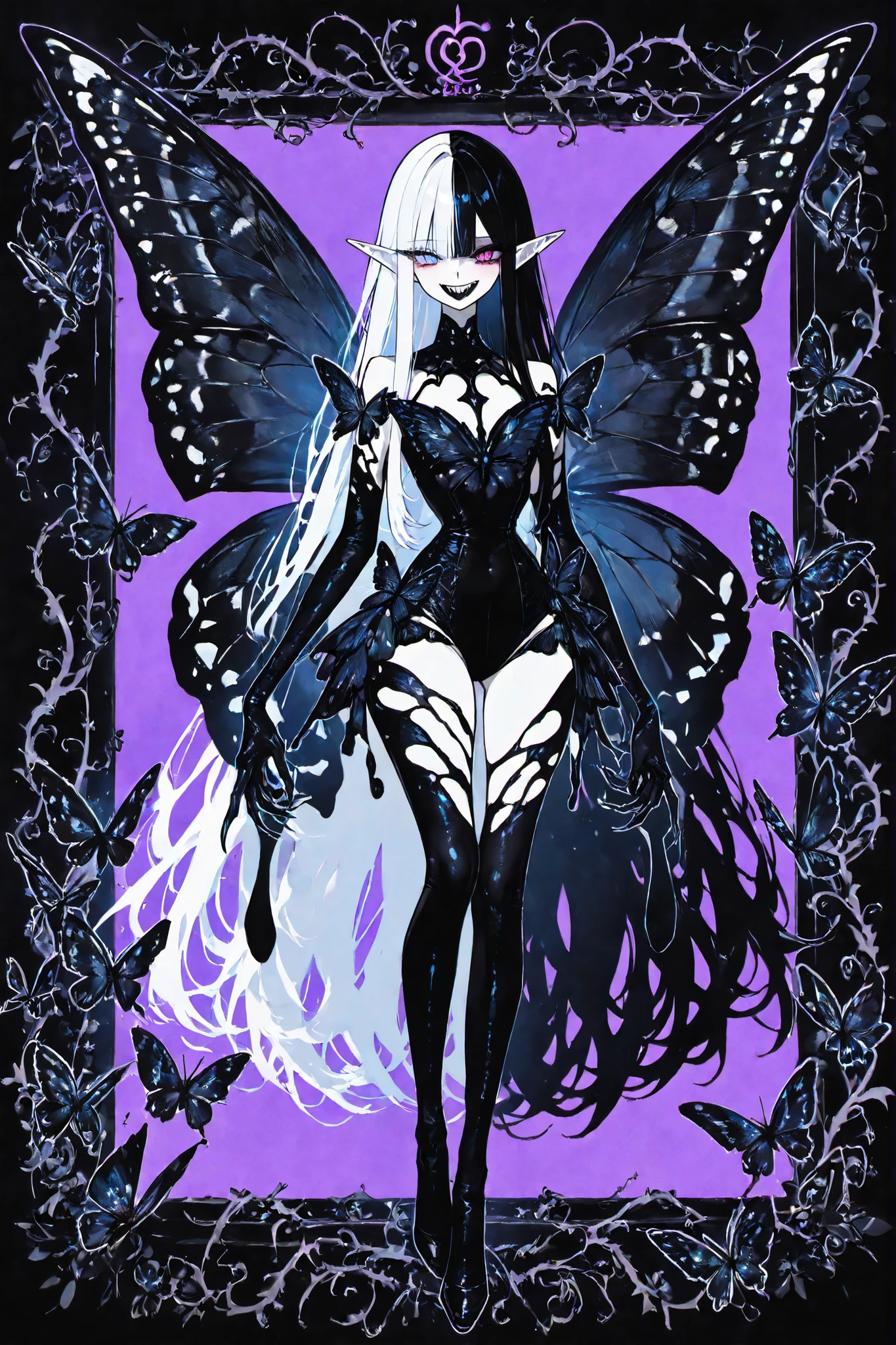 (SPLIT-COLOR HAIR,MIX OF AND HAIR,xxx667_illu,Black butterfly leotard, narrow waist,) Dark faèrie-girl. She has an asthenic skinny flat-chested physique, she has long elegant swan neck,clawed six-fingered limbs,long pointy ears. She has huge sharp pitch black butterfly wings. She has white skin and a long straight nose. She has black lipstick and sharp needle-like teeth.
She has straight longest striped hair with NO BANGS. She has royal blue eyes with Nazar symbol. She wearing in jet-black closed skin-tight catsuit with nature embroidery and engraving of vines. (On background: twilight forest where purple-black trees are covered with bioluminescent moss , multicolored Lilly flowers and mushrooms. Black butterflies and moths are flying everywhere.)