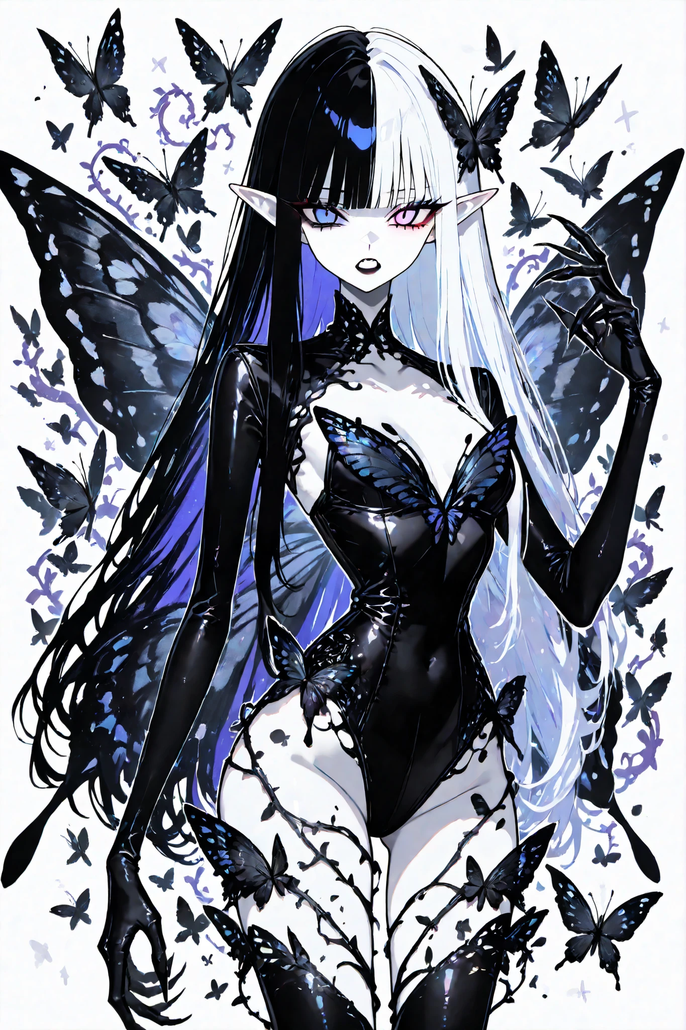 (SPLIT-COLOR HAIR,MIX OF AND HAIR,xxx667_illu,Black butterfly leotard, narrow waist,) Dark faèrie-girl. She has an asthenic skinny flat-chested physique, she has long elegant swan neck,clawed six-fingered limbs,long pointy ears. She has huge sharp pitch black butterfly wings. She has white skin and a long straight nose. She has black lipstick and sharp needle-like teeth.
She has straight longest striped hair with NO BANGS. She has royal blue eyes with Nazar symbol. She wearing in jet-black closed skin-tight catsuit with nature embroidery and engraving of vines. (On background: twilight forest where purple-black trees are covered with bioluminescent moss , multicolored Lilly flowers and mushrooms. Black butterflies and moths are flying everywhere.)