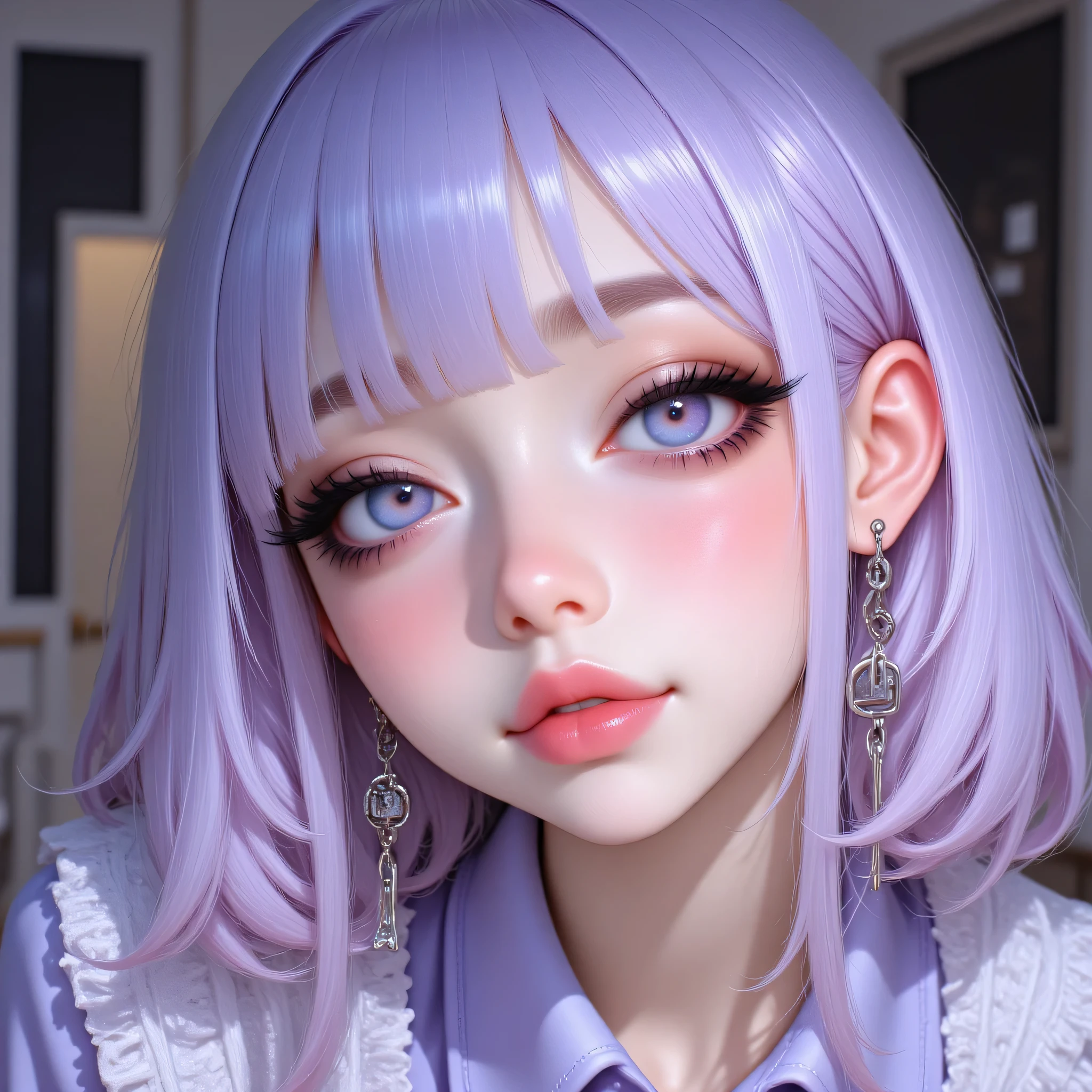 Anime/Japanese illustration style portrait, 22 years old, medium-close shot (chest up), focus on expressive gaze and large, detailed eyes. Stylized face but with realistic texture details: luminous skin, slight blush on cheeks, small pink lips. Huge eyes, multiple highlights (two-tone highlights), soft gradient in iris (deep blue > cyan), long, defined eyelashes, clean eyeliner. Hairstyle: straight hair with soft bangs and strands behind the ears, pastel color (lavender with silver highlights). Expression: a mixture of innocence and confidence, slight smile. Costume: modern stylized school blouse or shirt top with a cute collar (not sexualized). Style: neat cel-shading with soft gradients, clean lineart, speckle-like shine details on eyes and lips, subtle particle effects (glitter). Composition: head centered, framing from the chest up, use of negative space with soft circle bokeh. Lighting: soft front light + pastel rim light, moderate contrast. Resolution: ultra-detailed 4k+, sharp linework, vibrant but controlled colors. Emphasis tags: (big, bright eyes:1.7) (clean lineart:1.3) (glowing skin:1.2) (adorable/confident expression:1.4). Add: "no photorealistic skin pores, keep anime texture."