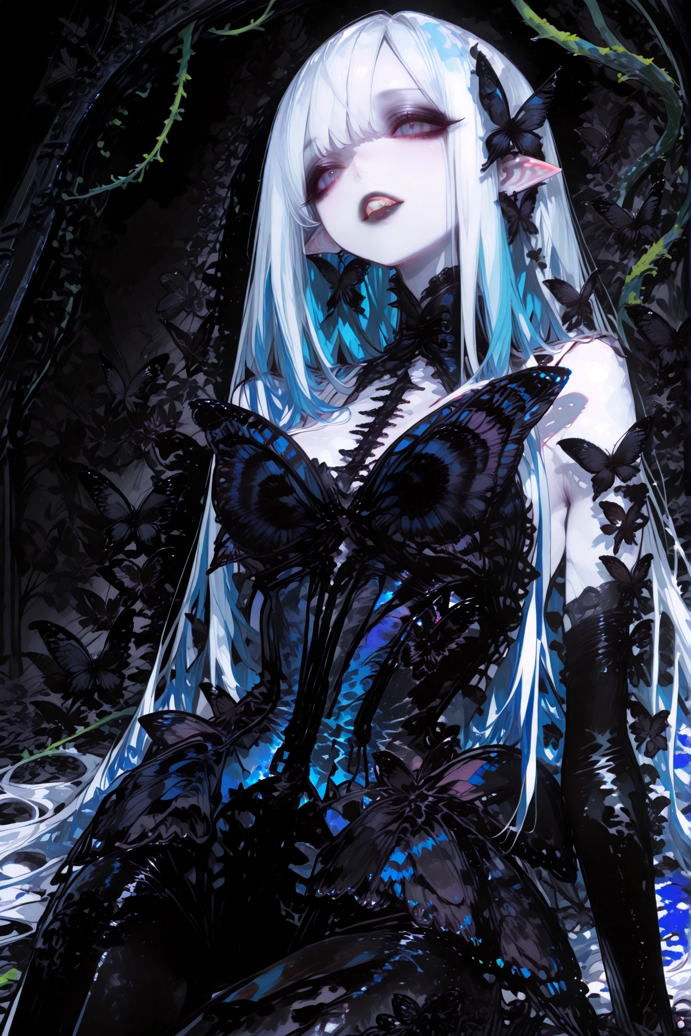 (Black butterfly leotard, narrow waist,) Dark faèrie-girl. She has an asthenic skinny flat-chested physique, she has long elegant swan neck,clawed six-fingered limbs,long pointy ears. She has huge sharp pitch black butterfly wings. She has white skin and a long straight nose. She has black lipstick and sharp needle-like teeth.
She has straight long two-tone black-and-white hair with NO BANGS. She has royal blue eyes with Nazar symbol. She wearing in jet-black closed skin-tight catsuit with nature embroidery and engraving of vines. (On background: twilight forest where purple-black trees are covered with bioluminescent moss , multicolored Lilly flowers and mushrooms. Black butterflies and moths are flying everywhere.)