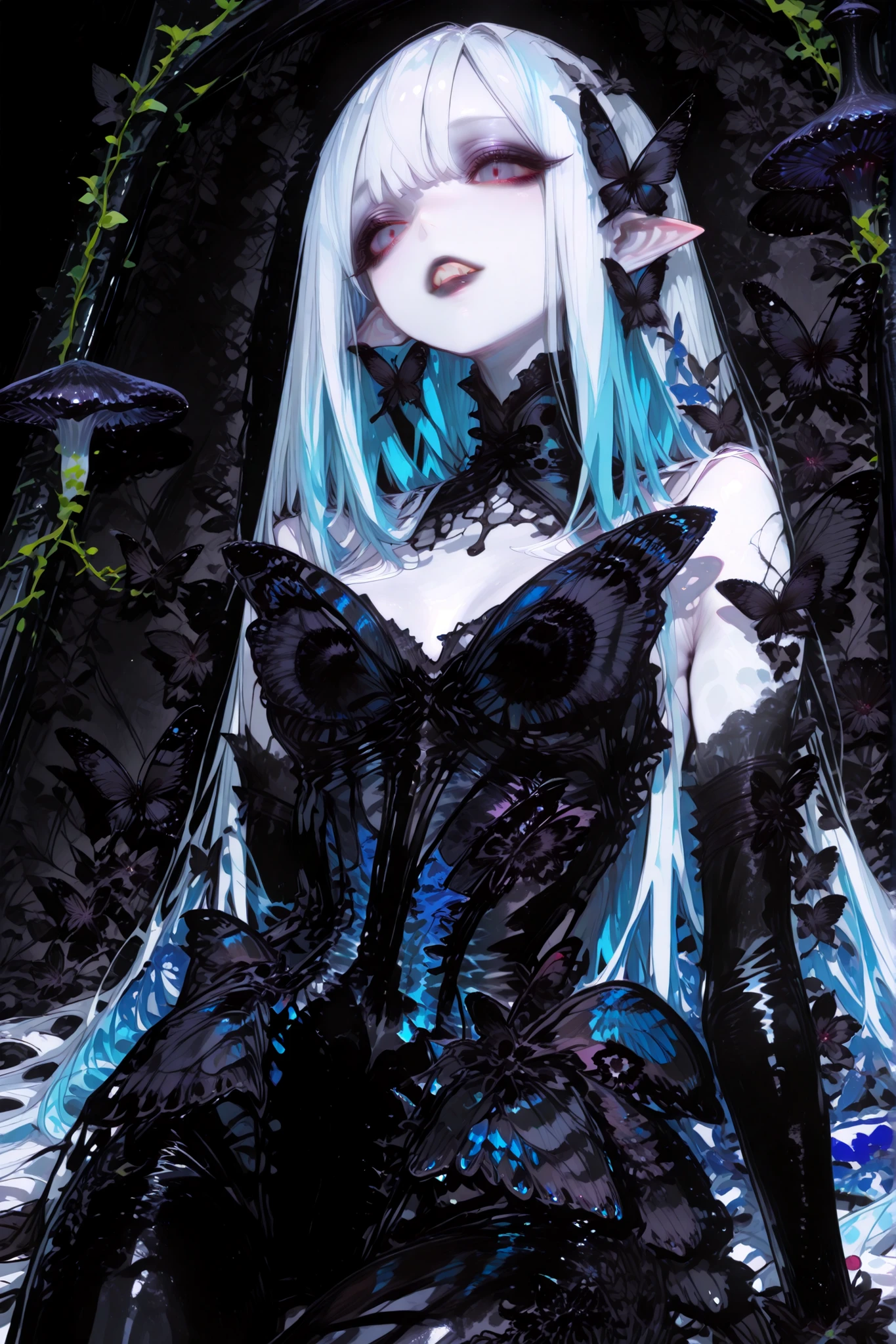 (Black butterfly leotard, narrow waist,) Dark faèrie-girl. She has an asthenic skinny flat-chested physique, she has long elegant swan neck,clawed six-fingered limbs,long pointy ears. She has huge sharp pitch black butterfly wings. She has white skin and a long straight nose. She has black lipstick and sharp needle-like teeth.
She has straight long two-tone black-and-white hair with NO BANGS. She has royal blue eyes with Nazar symbol. She wearing in jet-black closed skin-tight catsuit with nature embroidery and engraving of vines. (On background: twilight forest where purple-black trees are covered with bioluminescent moss , multicolored Lilly flowers and mushrooms. Black butterflies and moths are flying everywhere.)