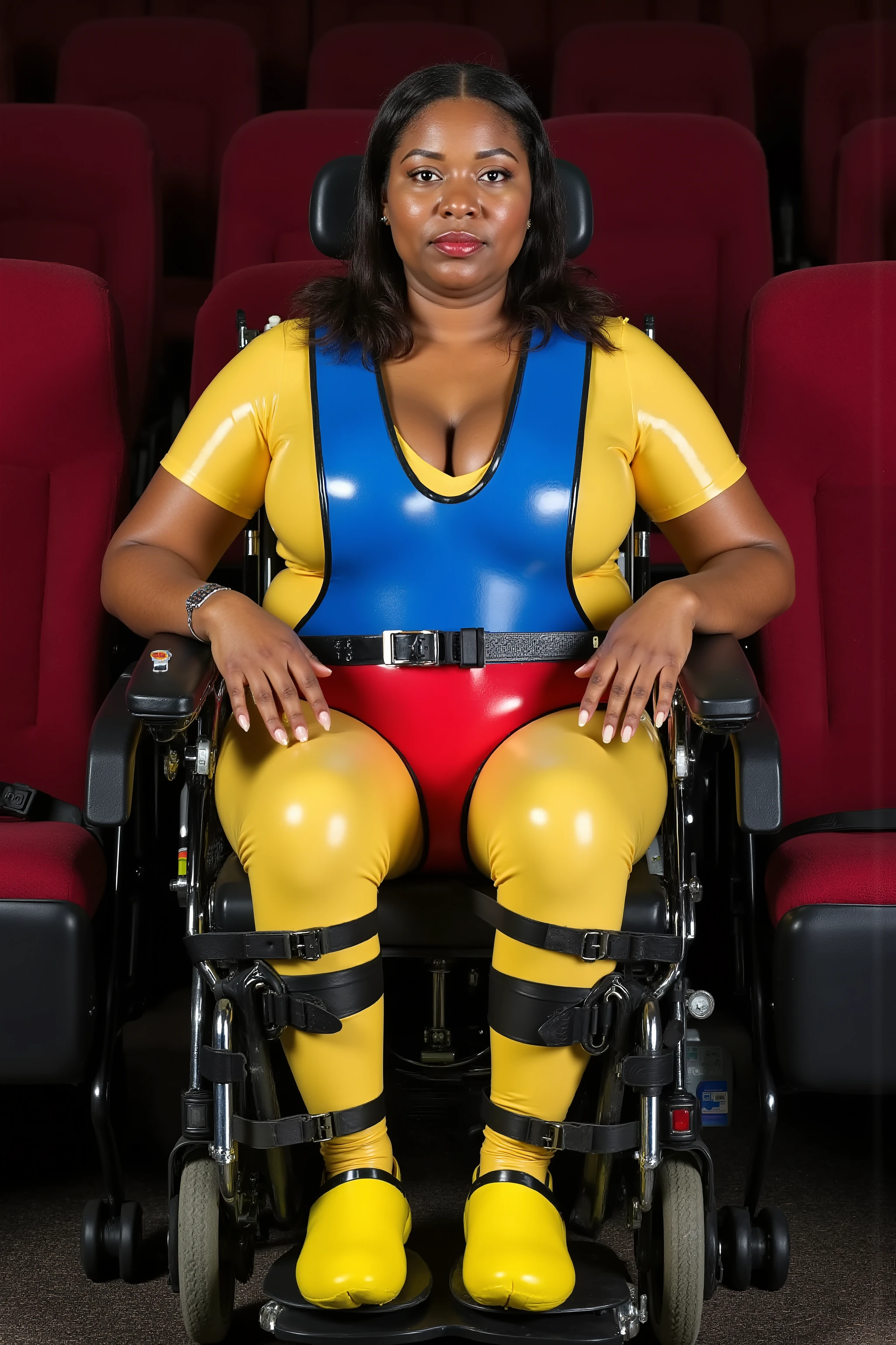a 35 year old obese black woman sits in a powered wheelchair, she wears a yellow latex catsuit, her arms are against her chest underneath the padded wheelchair harness, the harness is bright blue shiny neoprene, the woman has a thick wide red hip belt made of leather, she has heavy yellow ankle restraints made of rubber, the woman is in the front row of a movie theatre