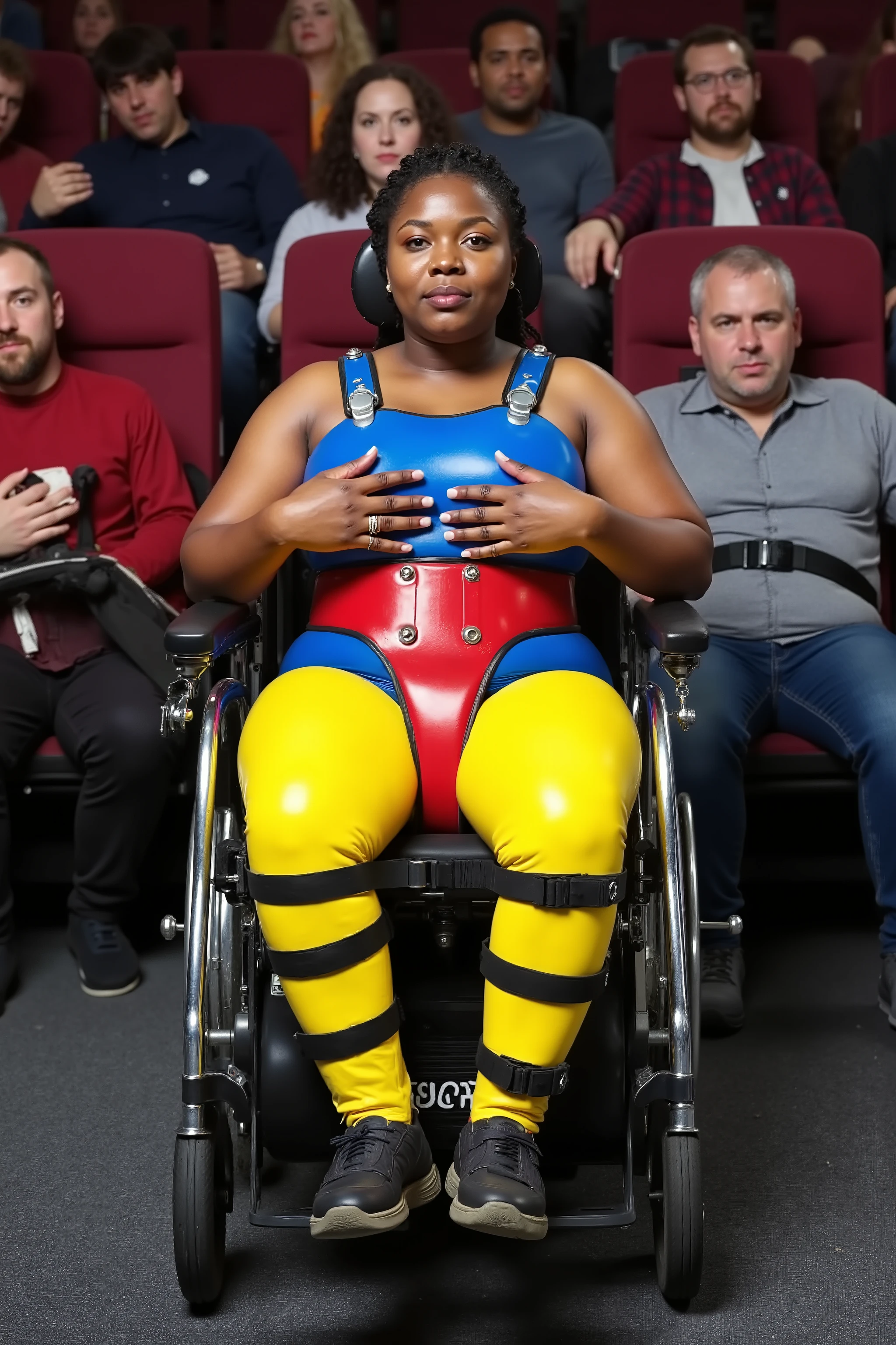 a 35 year old obese black woman sits in a powered wheelchair, she wears a yellow latex catsuit, her arms are against her chest underneath the padded wheelchair harness, the harness is bright blue shiny neoprene, the woman has a thick wide red hip belt made of leather, she has heavy yellow ankle restraints made of rubber, the woman is in the front row of a movie theatre