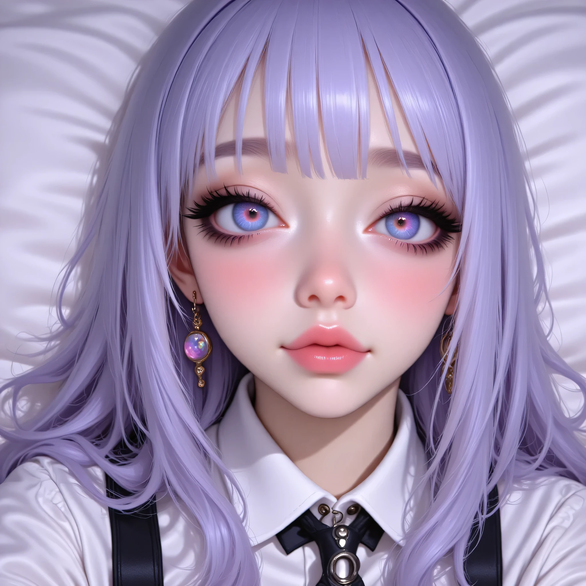 Anime/Japanese illustration style portrait, 22 years old, medium-close shot (chest up), focus on expressive gaze and large, detailed eyes. Stylized face but with realistic texture details: luminous skin, slight blush on cheeks, small pink lips. Huge eyes, multiple highlights (two-tone highlights), soft gradient in iris (deep blue > cyan), long, defined eyelashes, clean eyeliner. Hairstyle: straight hair with soft bangs and strands behind the ears, pastel color (lavender with silver highlights). Expression: a mixture of innocence and confidence, slight smile. Costume: modern stylized school blouse or shirt top with a cute collar (not sexualized). Style: neat cel-shading with soft gradients, clean lineart, speckle-like shine details on eyes and lips, subtle particle effects (glitter). Composition: head centered, framing from the chest up, use of negative space with soft circle bokeh. Lighting: soft front light + pastel rim light, moderate contrast. Resolution: ultra-detailed 4k+, sharp linework, vibrant but controlled colors. Emphasis tags: (big, bright eyes:1.7) (clean lineart:1.3) (glowing skin:1.2) (adorable/confident expression:1.4). Add: "no photorealistic skin pores, keep anime texture