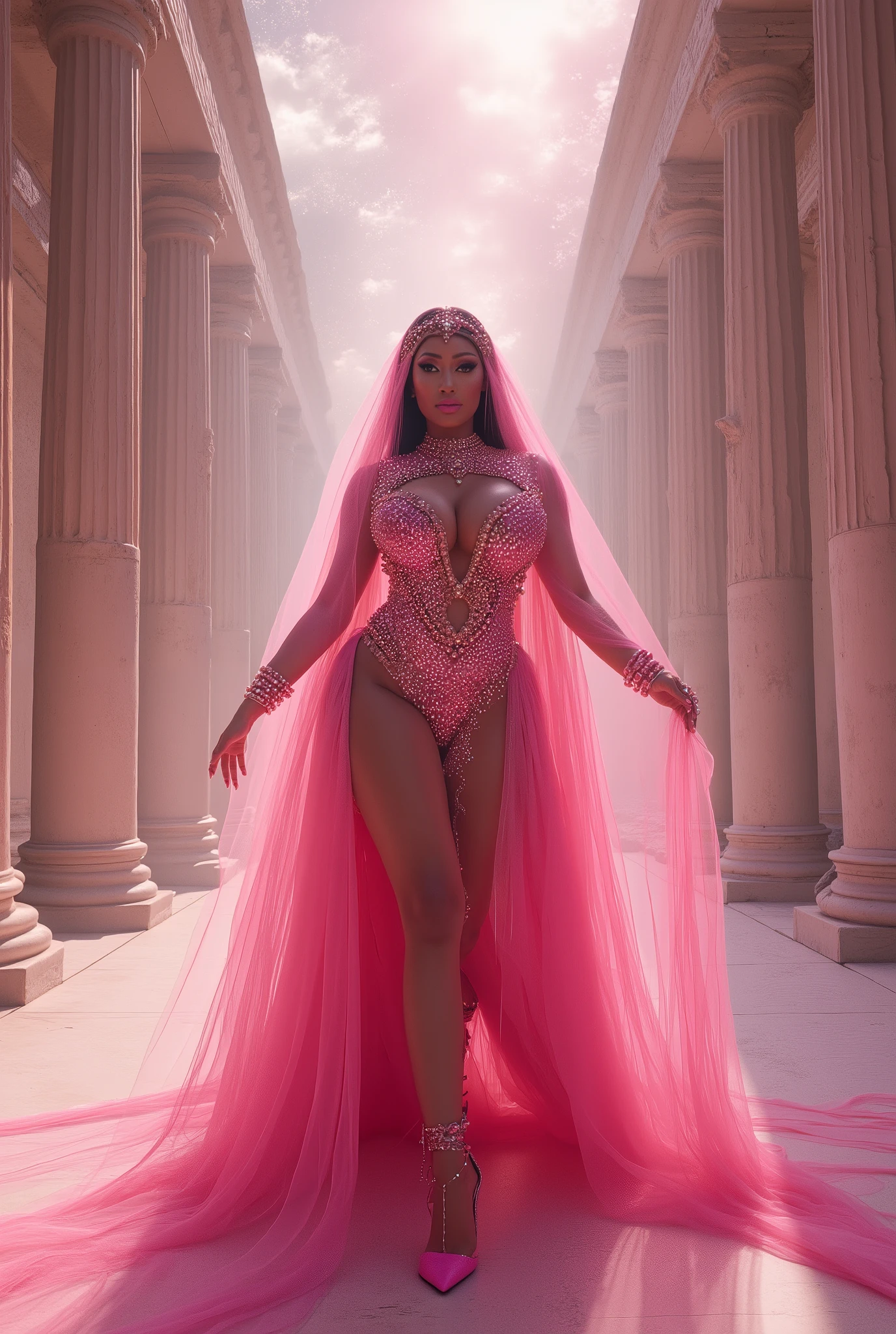 (((Nicki Minaj, Nicki Minaj detailed and realistic face, Photographic, Photo, Photogenic))), extremely high quality high detail RAW color Photo, Photorealism, Morning adjustment, Award-winning 3D oil painting effect, Greek goddess, Full body view, intricate veil, adorned with small jewels and precious beads, crystal clear shine, deep shadows, mystical misty background, warm charming atmosphere, Detailed pink costume, stunning hourglass figure with large , pink high heels, standing in the center of a white marble greek temple