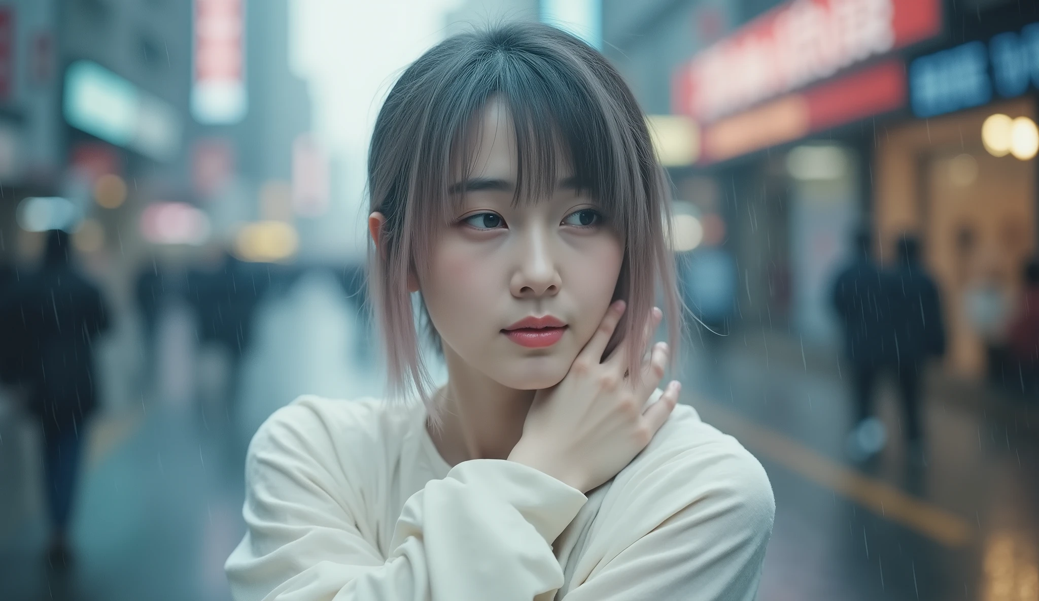 Hyper-realistic portrayal of a Korean female avatar walking in the rain, wearing a soaked white dress that clings naturally to her form. Her white hair with a light pink streak in her front bangs and a small ash-colored strand on the left side is wet and slightly disheveled. She hugs herself, shivering from the cold, with a sad, melancholic expression on her delicate face, soft pink lips slightly parted, and honey-colored eyes glistening with emotion. The rain-soaked city street around her is fully realistic, with reflections of streetlights and neon signs on wet asphalt, blurred slightly to emphasize depth and cinematic atmosphere. The motion of raindrops and the damp fabric create a highly lifelike and immersive scene. — ar 16:9 — stylize 450 — style raw — v 6