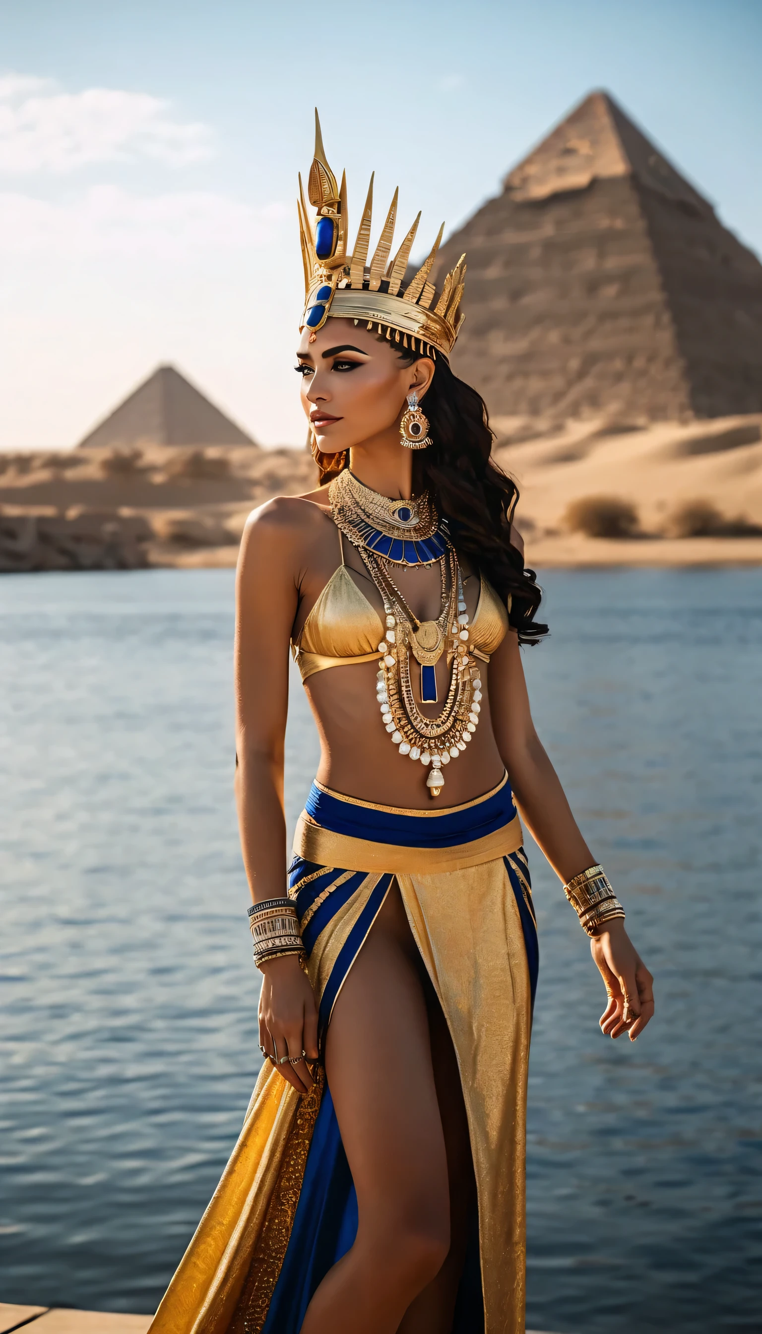 Cinematic photo (FULL HEIGHT:1.3), beautiful girl ((ohwx woman )) like Nefertiti, Egyptian queen, , braids, royally decorated with gold and lapis lazuli . She stands on the banks of the Nile , , and in the background are majestic , , epitomizing ancient Egyptian beauty and grace., Inspired by Krenz Kushart , neoism , guys, clap, nasty anime , exquisite hair , resembling a crown , , pyramids decorated with gold accessories and , , radiating a sense of timeless elegance ., . 35mm photo, movie, hips, is professional, 4k, highly detailed