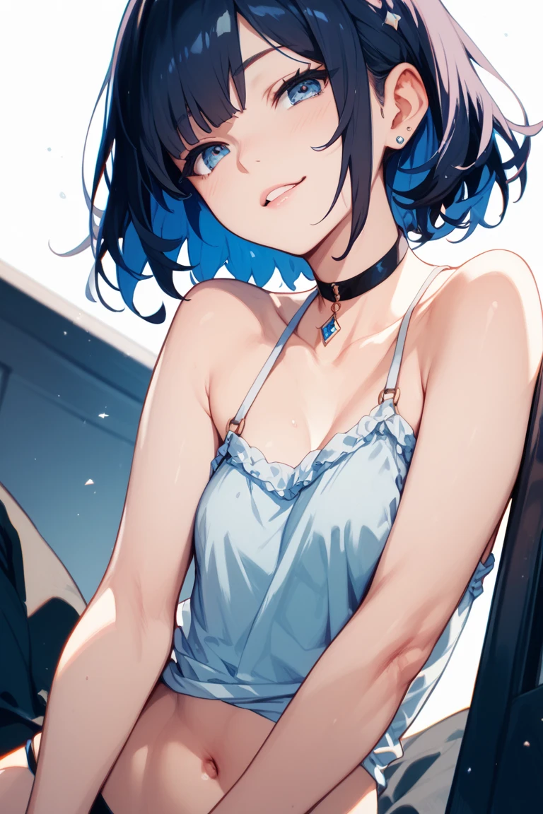 finger to mouth,lick,from front,front view,looking at viewer, looking ahead,from above,cowboy shot,1girl,Beautiful 14 year old girl,Japanese,Slender,,low length,Small ,Thin legs,Small ,Baby Face,Small face,Black Hair,one side up,Gray Eyes,slit pupils,Drooping eyes,middle School girls,A  black and blue ,,Collar with leash,open mouth, out,front face,Kneeling,Straight Stand,Beautiful and detailed anime art,Mischievous smile, vibe, on ,Dimly lit room,On the bed,Simple Background,Gray background,Low lighting,
