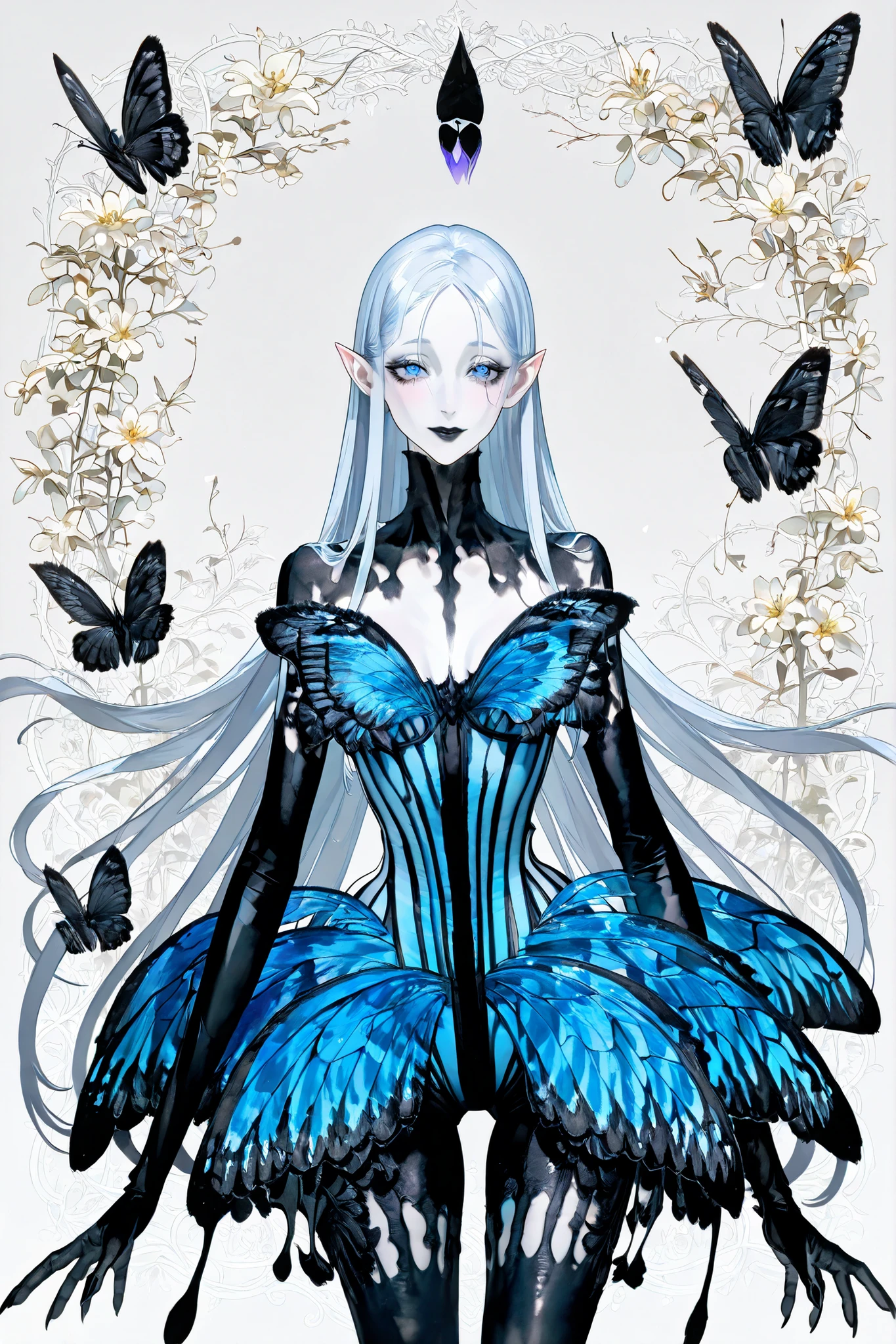 (Black butterfly leotard, narrow waist,) Dark faèrie-girl. She has an asthenic skinny flat-chested physique, she has long elegant swan neck,clawed six-fingered limbs,long pointy ears. She has huge sharp pitch black butterfly wings. She has white skin and a long straight nose. She has black lipstick and sharp needle-like teeth.
She has straight long two-tone black-and-white hair with NO BANGS. She has royal blue eyes with Nazar symbol. She wearing in jet-black closed skin-tight catsuit with nature embroidery and engraving of vines. (On background: twilight forest where purple-black trees are covered with bioluminescent moss , multicolored Lilly flowers and mushrooms. Black butterflies and moths are flying everywhere.)