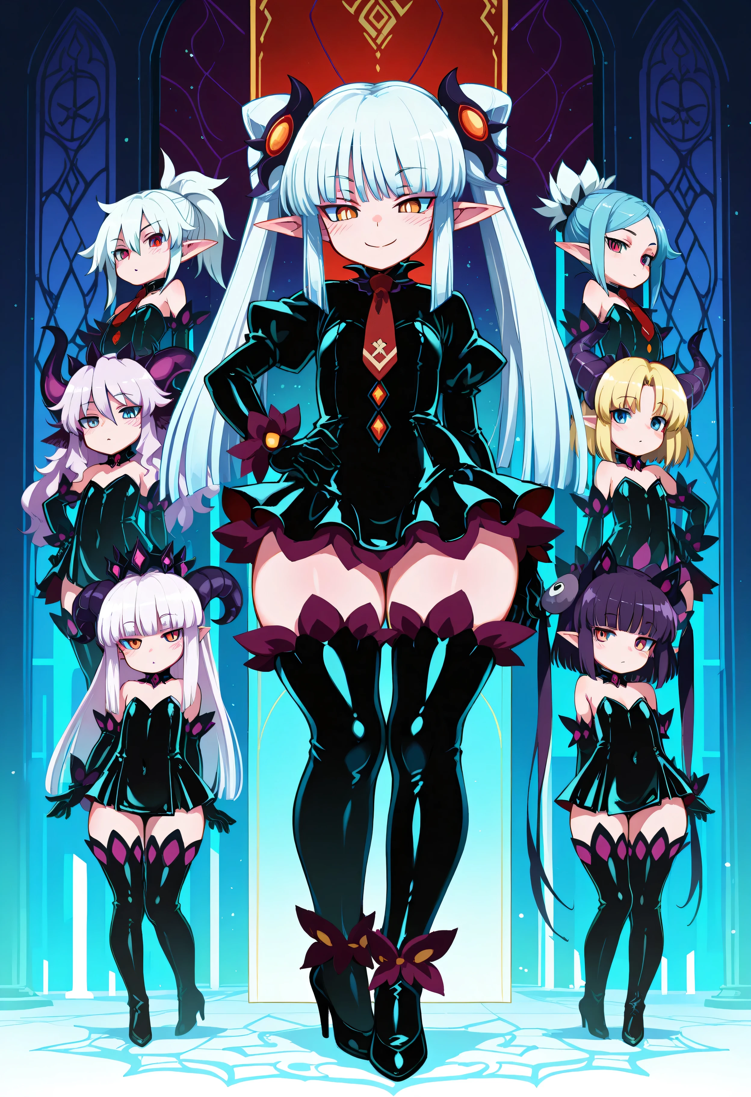 Meisterwerk, best quality, amazing quality, very aesthetic, absurd, neuestes, weiblich, Sukkubus, lila Haut ,kleine Elfenohren, shortstack,1 girl, looking at the viewer, langes Haar, white hair, black SHINY latex suit, Latexhaut, black shiny latex high heels, black shiny long latex gloves, shot above the knee , stehend, hand on hip, Hauteinziehung, schmale Schultern, wide hips, schmale Taille, Beine ,Knie, Knie, smug, Gesicht, bad smile, offener Mund, Zunge raus, Blush, dunkler Hintergrund, tief_Negativ_pony,