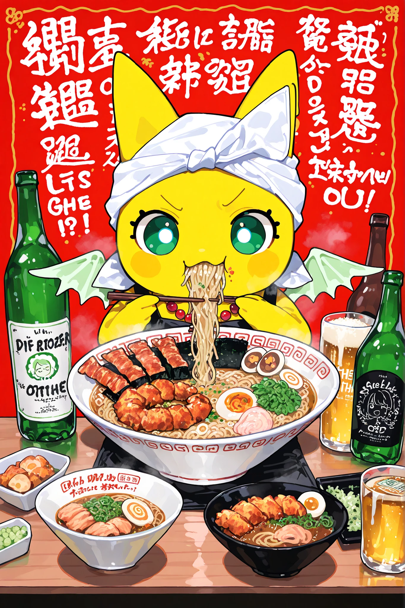 (xxx667_illu,DSP, artist:DSP, mogeko,eating ramen,) Ramen faèrie. She is miniature chibi. She has white fae wings. She has yellow skin and two fluffy yellow ears. Her eyes are blue. She has hair clips. She is dressed in kawaii yellow kimono with food print, and black apron. She wearing  a red necklace with beads. She wearing a white headscarf with red asian ornament.   She holds the food using chopsticks. (On the background: In the background, the authentic interior of a Japanese street restaurant selling ramen and other street food, decorated with red paper lanterns. In the foreground there is a wooden bar table set with various snacks on plates, large bowl of steaming mushroom u ramen soup sprinkled with green onions, close-up noodles,next to them are plates with sushi,grilled squid, deep-fried shrimp. There is a beer mug next to the side,bottle of soda, and a bottle of beer)