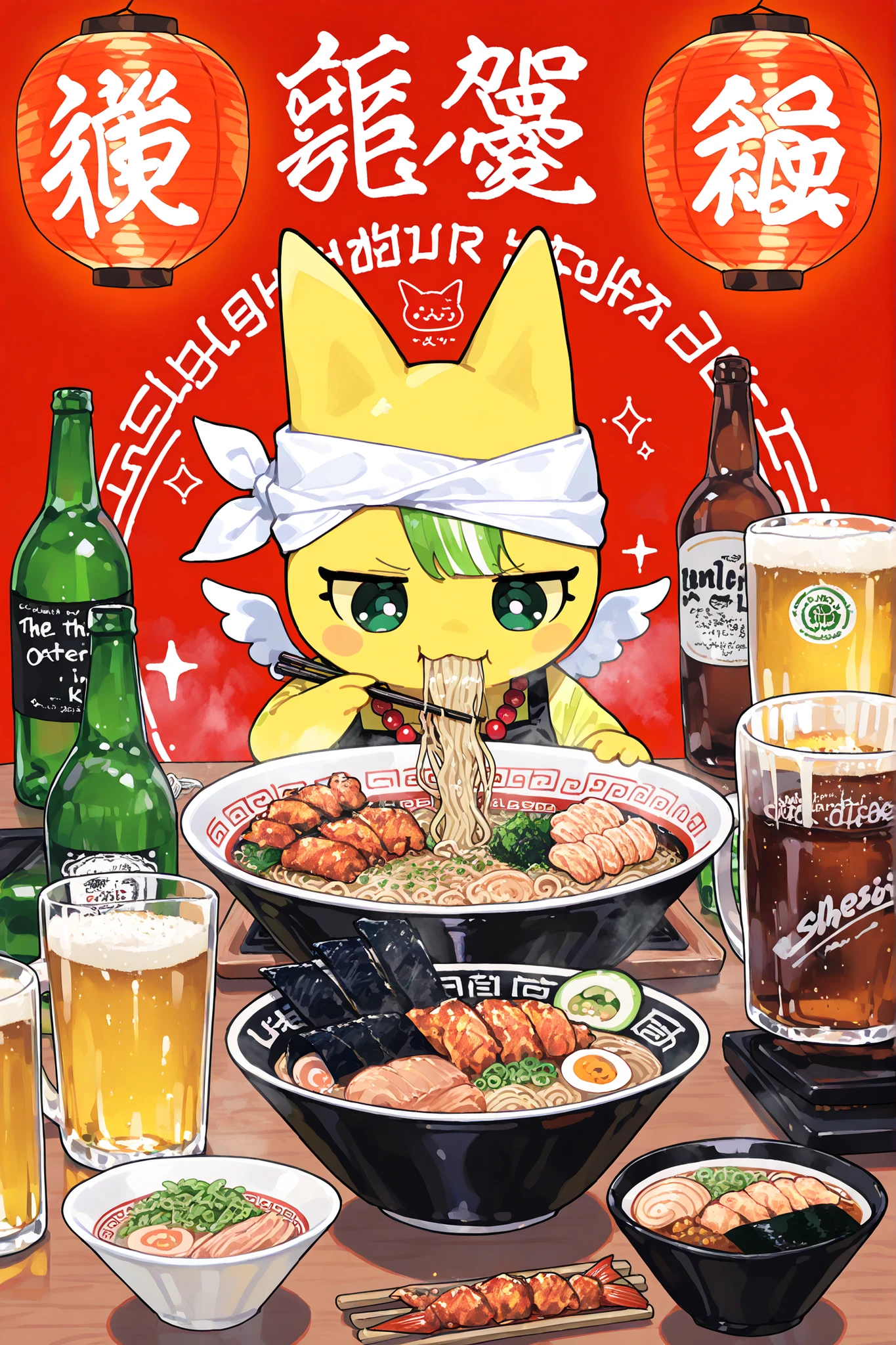 (xxx667_illu,DSP, artist:DSP, mogeko,eating ramen,) Ramen faèrie. She is miniature chibi. She has white fae wings. She has yellow skin and two fluffy yellow ears. Her eyes are blue. She has hair clips. She is dressed in kawaii yellow kimono with food print, and black apron. She wearing  a red necklace with beads. She wearing a white headscarf with red asian ornament.   She holds the food using chopsticks. (On the background: In the background, the authentic interior of a Japanese street restaurant selling ramen and other street food, decorated with red paper lanterns. In the foreground there is a wooden bar table set with various snacks on plates, large bowl of steaming mushroom u ramen soup sprinkled with green onions, close-up noodles,next to them are plates with sushi,grilled squid, deep-fried shrimp. There is a beer mug next to the side,bottle of soda, and a bottle of beer)