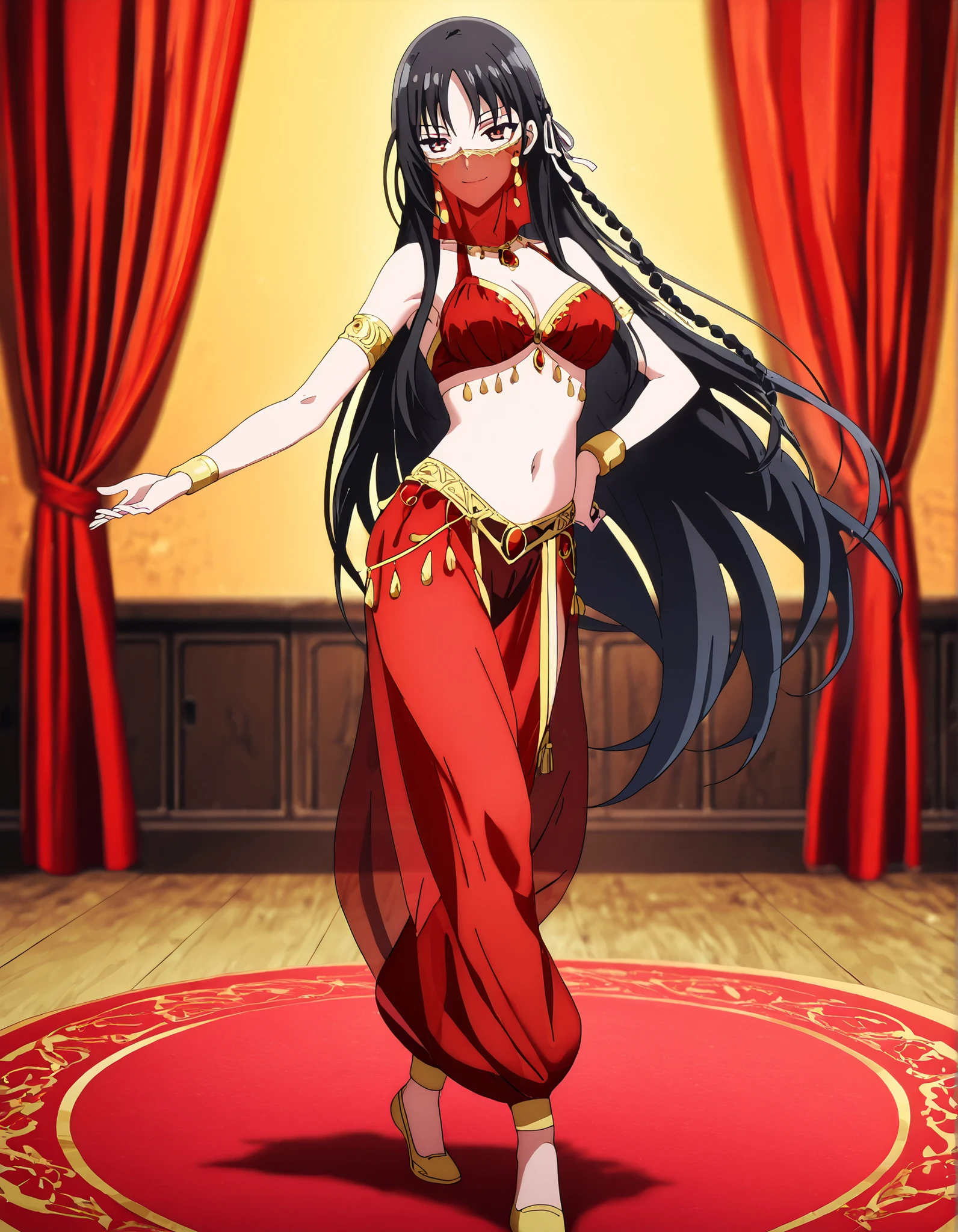 (1girl:1 . 5) , (Seul:1 . 5) , score_9 , score_8_haut , score_7_haut , source_anime , Official work , ultra-detailed , masterpiece , better quality , high resolution , beaux yeux , detailed eyes , Detailed face , beautiful detailed eyes,red eyes, black hair, single braid, white ribbon,very long hair,bangs,Classroom Of The Elite,Horikita Suzune,Arabian Clothes , Arabian Dancer Outfit ,belly dancer costume,belly dancer outfit ,full body,golden jewelery,mouth veil,armlet, belly dancing,arabian theater,seductive smile, dancing with veil, dynamic movement,dance posture, seductive pose