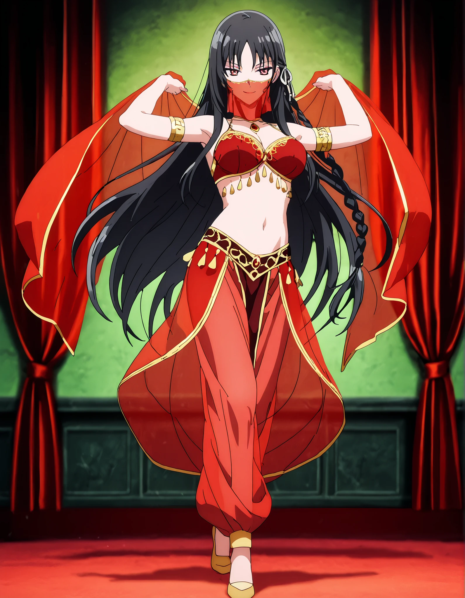 (1girl:1 . 5) , (Seul:1 . 5) , score_9 , score_8_haut , score_7_haut , source_anime , Official work  , ultra-detailed , masterpiece , better quality , high resolution , beaux yeux , detailed eyes , Detailed face , beautiful detailed eyes,red eyes, black hair, single braid, white ribbon,very long hair,bangs,Classroom Of The Elite,Horikita Suzune,Arabian Clothes , Arabian Dancer Outfit ,belly dancer costume,belly dancer outfit ,full body,golden jewelery,mouth veil,armlet, belly dancing,arabian theater,seductive smile, dancing with veil, dynamic movement,dance posture, seductive pose