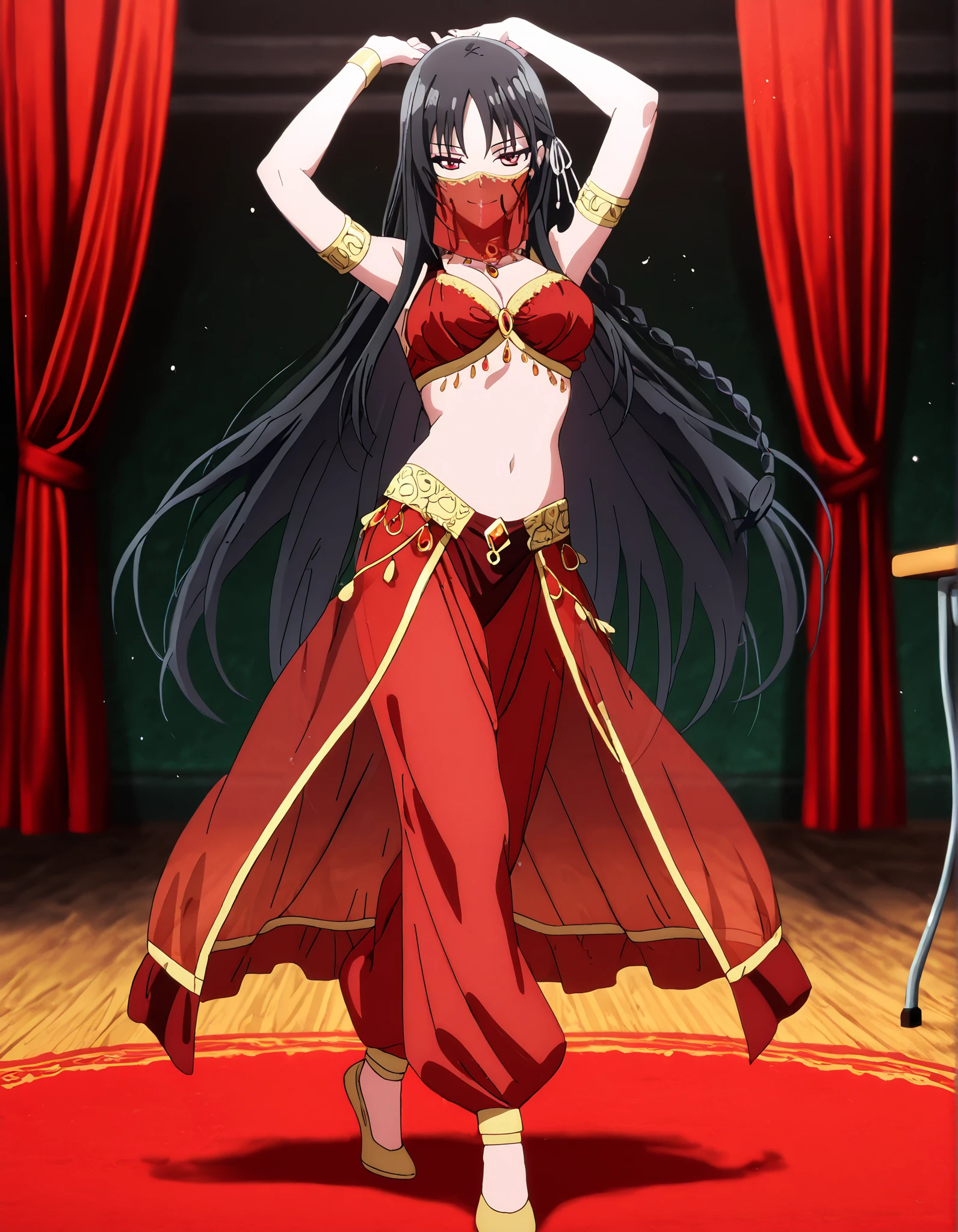 (1girl:1 . 5) , (Seul:1 . 5) , score_9 , score_8_haut , score_7_haut , source_anime , Official work  , ultra-detailed , masterpiece , better quality , high resolution , beaux yeux , detailed eyes , Detailed face , beautiful detailed eyes,red eyes, black hair, single braid, white ribbon,very long hair,bangs,Classroom Of The Elite,Horikita Suzune,Arabian Clothes , Arabian Dancer Outfit ,belly dancer costume,belly dancer outfit ,full body,golden jewelery,mouth veil,armlet, belly dancing,arabian theater,seductive smile, dancing with veil, dynamic movement,dance posture, seductive pose