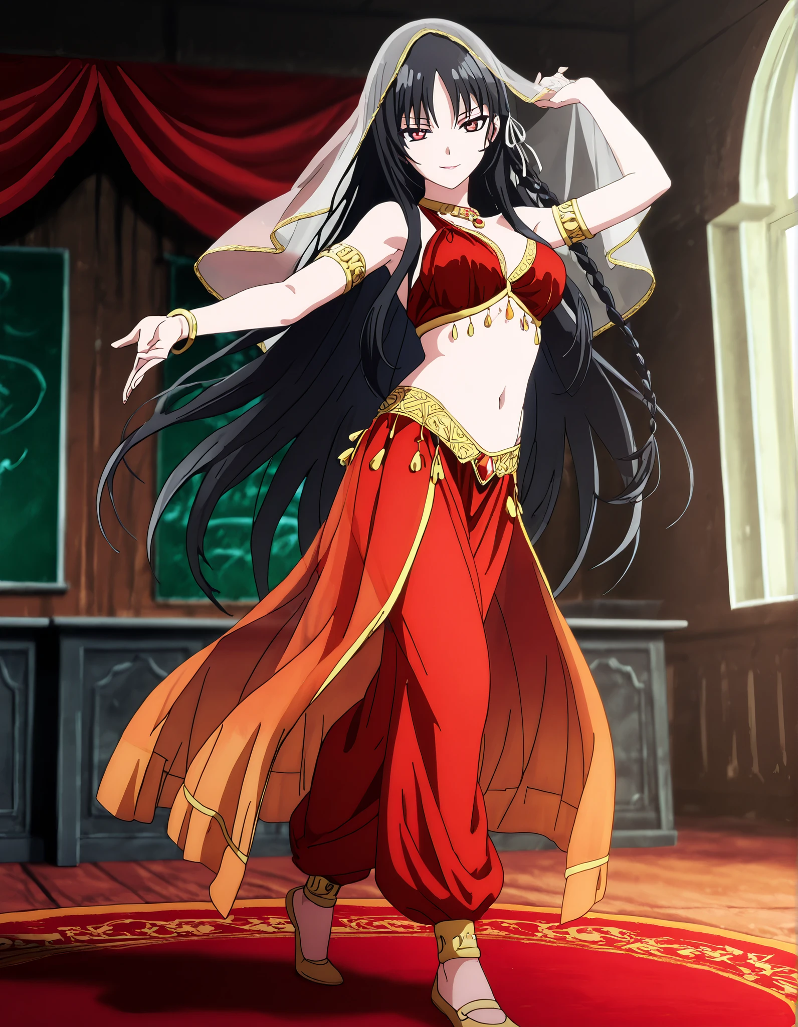 (1girl:1 . 5) , (Seul:1 . 5) , score_9 , score_8_haut , score_7_haut , source_anime , Official work  , ultra-detailed , masterpiece , better quality , high resolution , beaux yeux , detailed eyes , Detailed face , beautiful detailed eyes,red eyes, black hair, single braid, white ribbon,very long hair,bangs,Classroom Of The Elite,Horikita Suzune,Arabian Clothes , Arabian Dancer Outfit ,belly dancer costume,belly dancer outfit ,full body,golden jewelery,armlet, belly dancing,arabian theater,seductive smile, dancing with veil, dynamic movement,dance posture, seductive pose