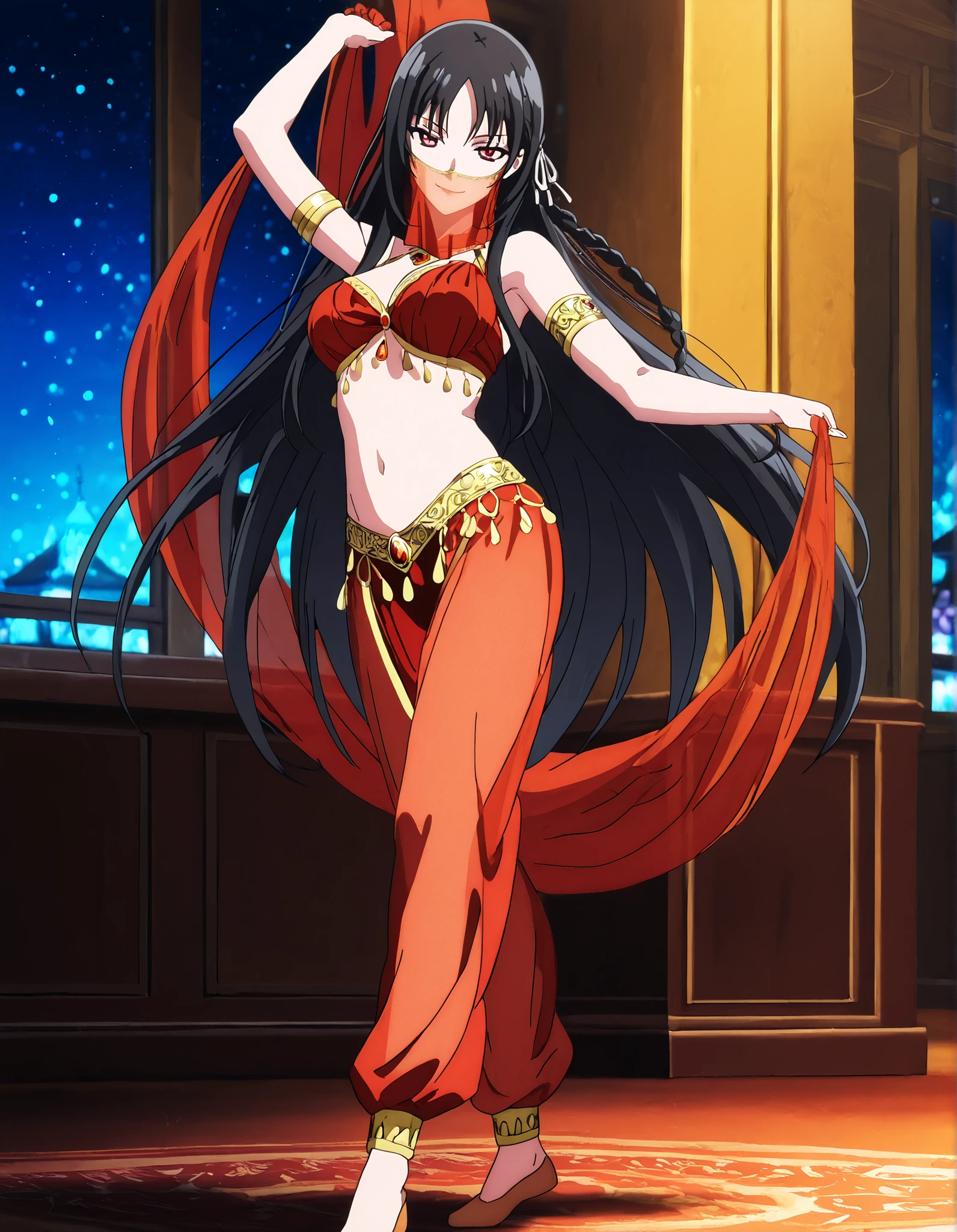 (1girl:1 . 5) , (Seul:1 . 5) , score_9 , score_8_haut , score_7_haut , source_anime , Official work , ultra-detailed , masterpiece , better quality , high resolution , beaux yeux , detailed eyes , Detailed face , beautiful detailed eyes,red eyes, black hair, single braid, white ribbon,very long hair,bangs,Classroom Of The Elite,Horikita Suzune,Arabian Clothes , Arabian Dancer Outfit ,belly dancer costume,belly dancer outfit ,full body,golden jewelery,mouth veil,armlet, belly dancing,night,arabian garden,seductive smile, dancing with veil, dynamic movement,dance posture, seductive pose