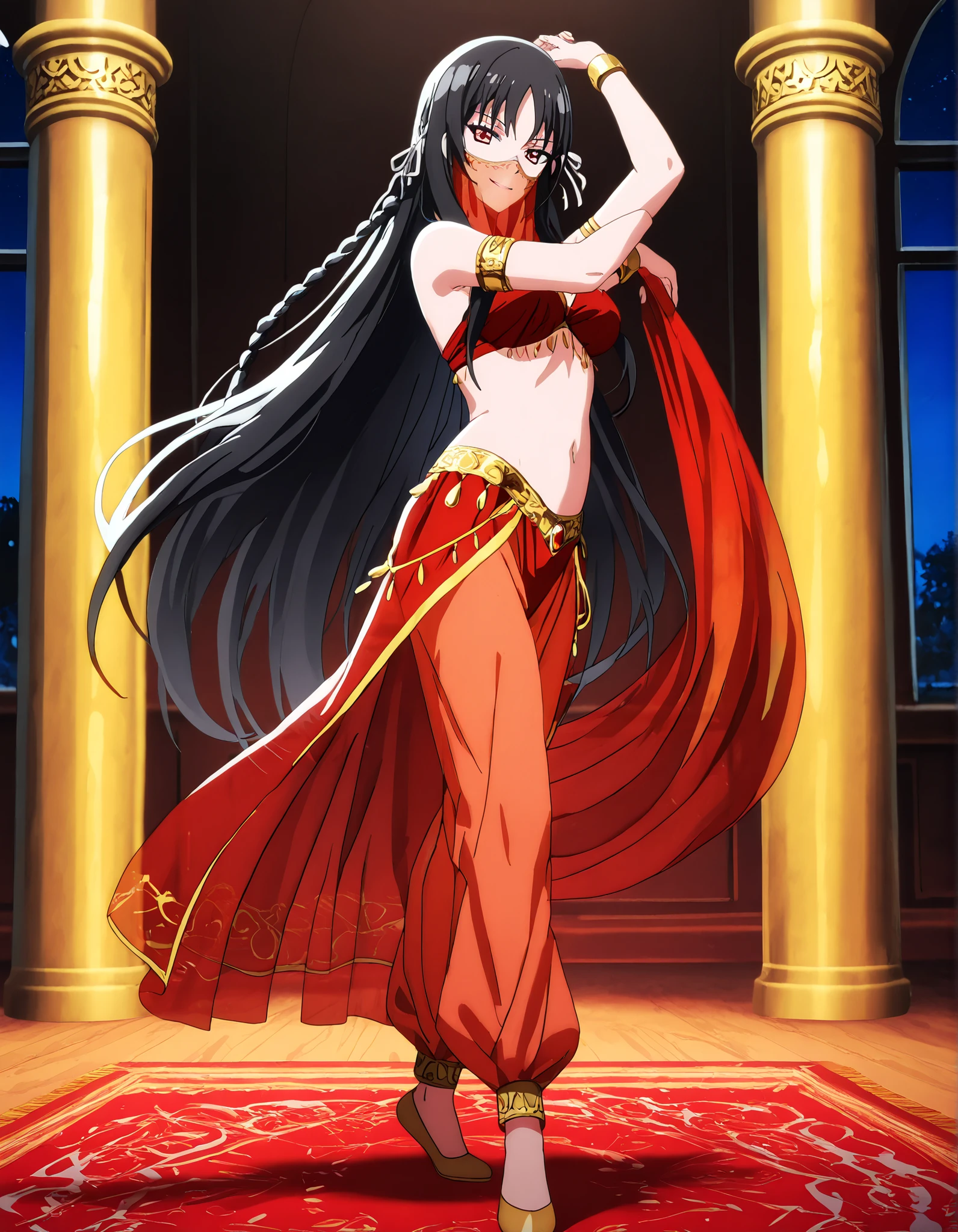 (1girl:1 . 5) , (Seul:1 . 5) , score_9 , score_8_haut , score_7_haut , source_anime , Official work  , ultra-detailed , masterpiece , better quality , high resolution , beaux yeux , detailed eyes , Detailed face , beautiful detailed eyes,red eyes, black hair, single braid, white ribbon,very long hair,bangs,Classroom Of The Elite,Horikita Suzune,Arabian Clothes , Arabian Dancer Outfit ,belly dancer costume,belly dancer outfit ,full body,golden jewelery,mouth veil,armlet, belly dancing,night,arabian garden,seductive smile, dancing with veil, dynamic movement,dance posture, seductive pose