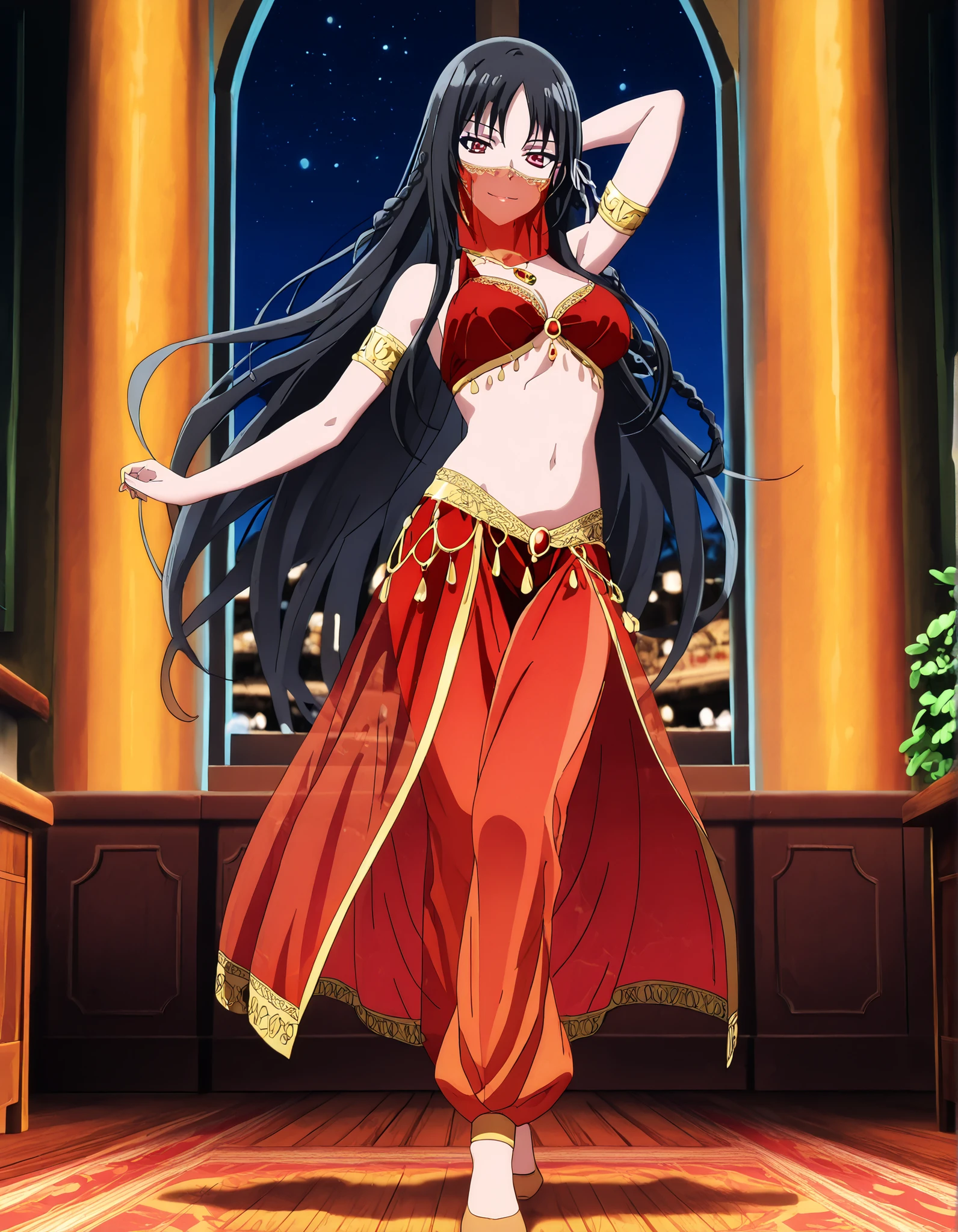 (1girl:1 . 5) , (Seul:1 . 5) , score_9 , score_8_haut , score_7_haut , source_anime , Official work , ultra-detailed , masterpiece , better quality , high resolution , beaux yeux , detailed eyes , Detailed face , beautiful detailed eyes,red eyes, black hair, single braid, white ribbon,very long hair,bangs,Classroom Of The Elite,Horikita Suzune,Arabian Clothes , Arabian Dancer Outfit ,belly dancer costume,belly dancer outfit ,full body,golden jewelery,mouth veil,armlet, belly dancing,night,arabian garden,seductive smile, dancing with veil, dynamic movement,dance posture, seductive pose